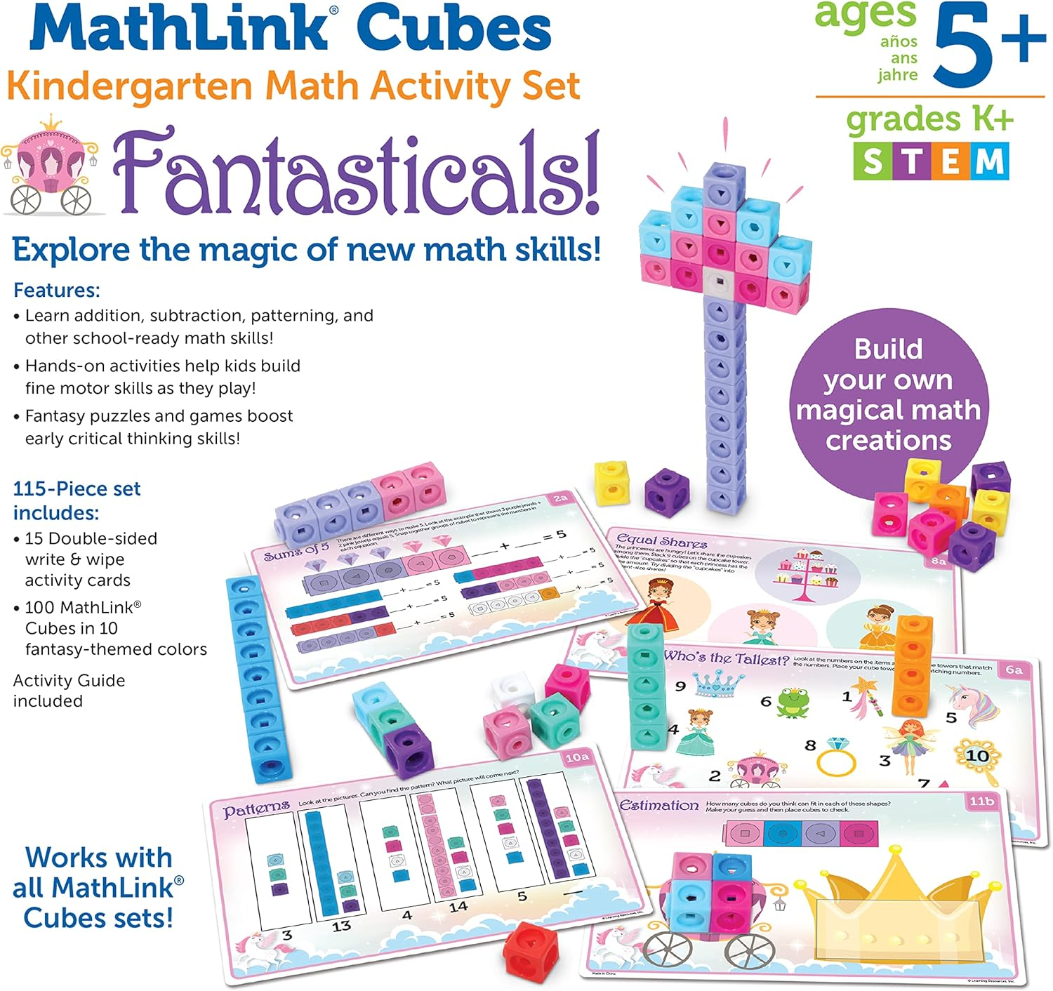 Learning Resources Mathlink Cubes Kindergarten Math Activity Set: Fantasticals! 115 Pieces, Ages 5+ Kindergarten STEM Activities, Math Activity Set and Games for Kids