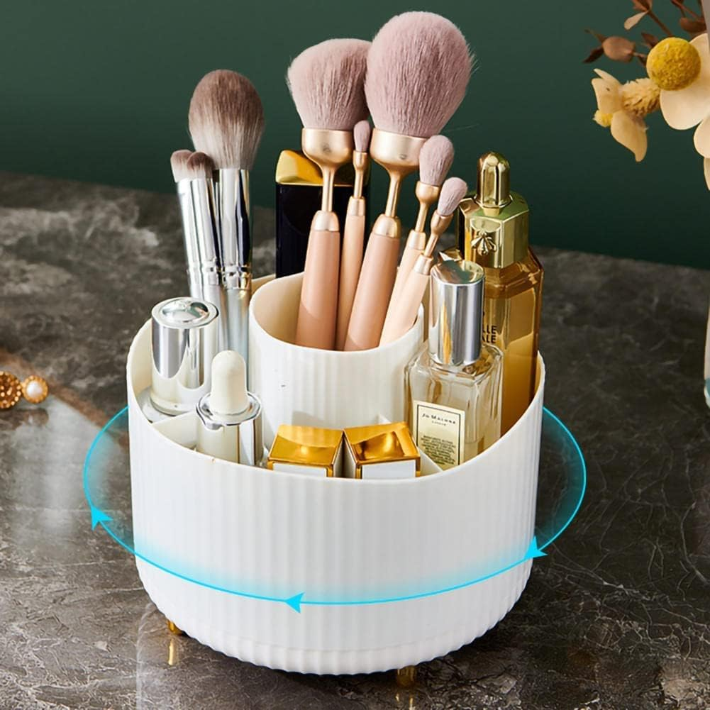 Yharnamite Makeup Brush Holder Organizer, 360&deg; Rotating Cosmetic Organizer, 5 Slot Make up Brushes Cup for Vanity Decor, Bathroom Countertops, Desk Storage Container, Cosmetic Display Cases (White) image number 3
