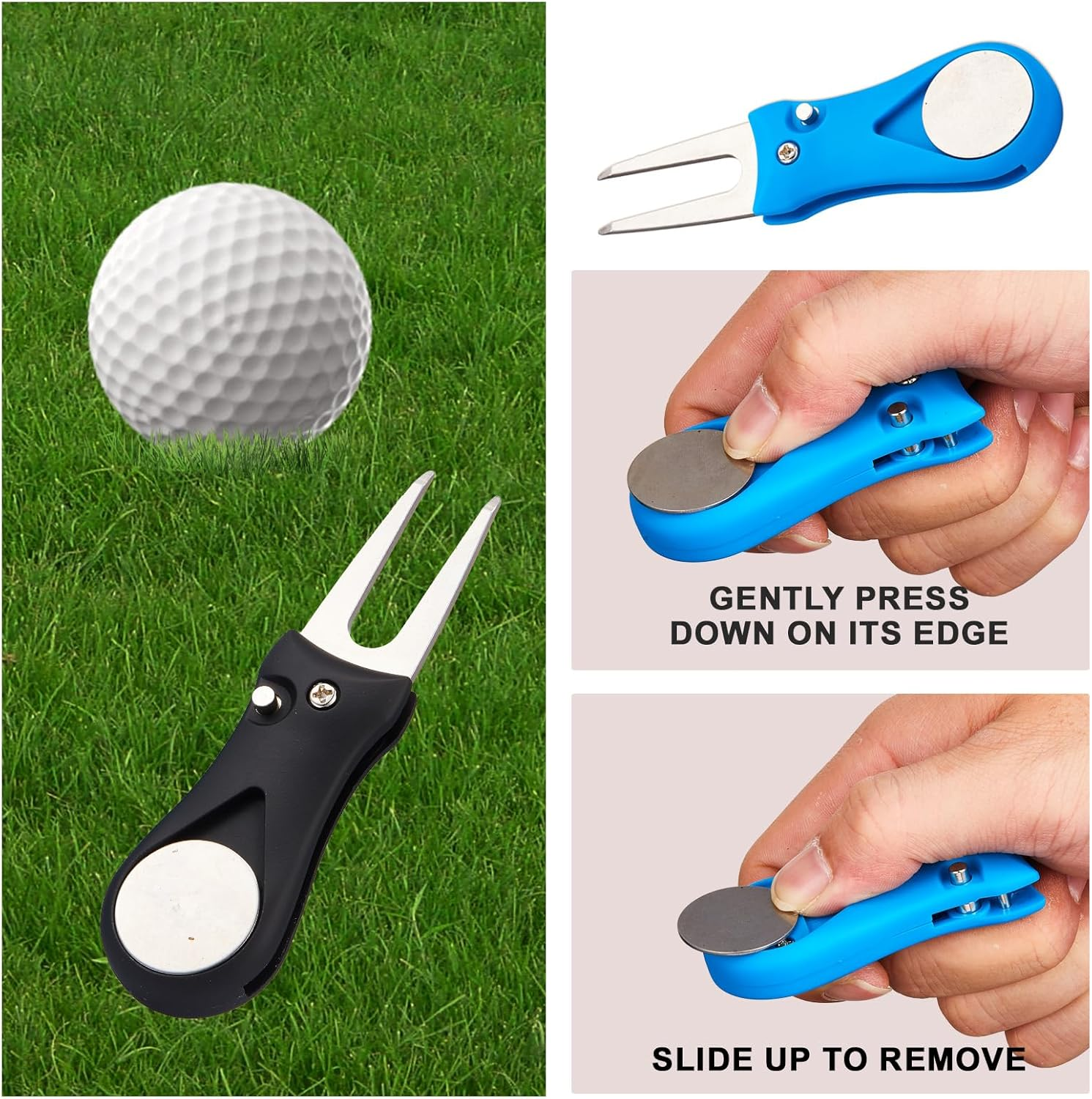 Golf Divot Repair Tool, 2 Pack Divot Fork with Magnetic Button Ball Marker, Stainless Steel Foldable Pop-Up Divot Turf Fork Metal Putting Fork Golf Green Tool for Golfers, Black & Blue image number 5