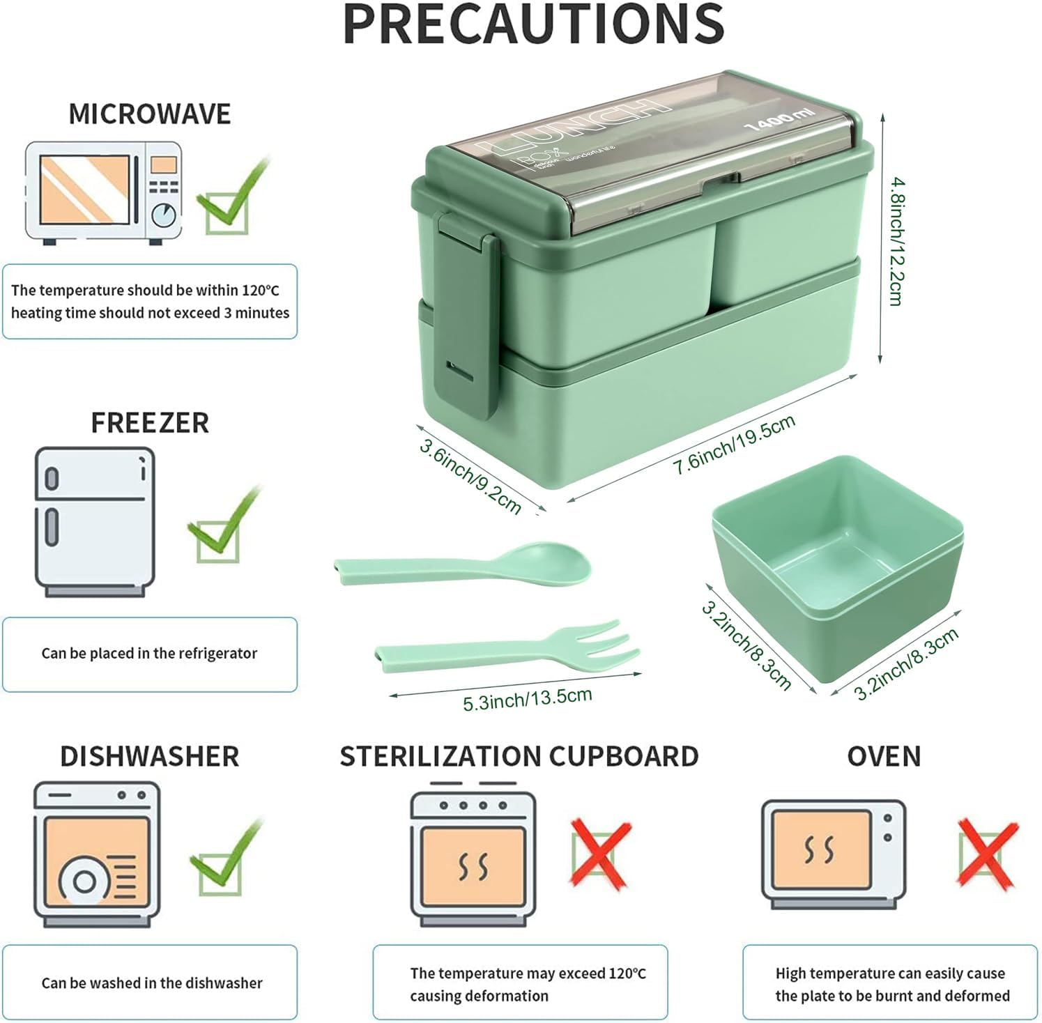 Lunch Box, 1400Ml Bento Box with Spoon Fork, Stackable 2 Layer 3 Compartments Leak Proof, Meal Prep Container for Adults Kids Students Office Microwave Dishwasher Safe image number 6