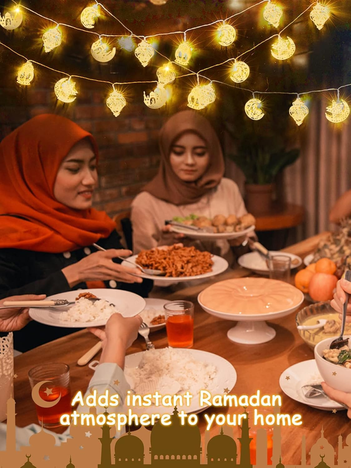 Ramadan Light Decorations, Battery Operated 20 LED EID Mubarak Lights, Bronze Metal Moon Star Lantern String Lights for Home, Mantle, Window, Tree, Bedroom, Classroom Decor