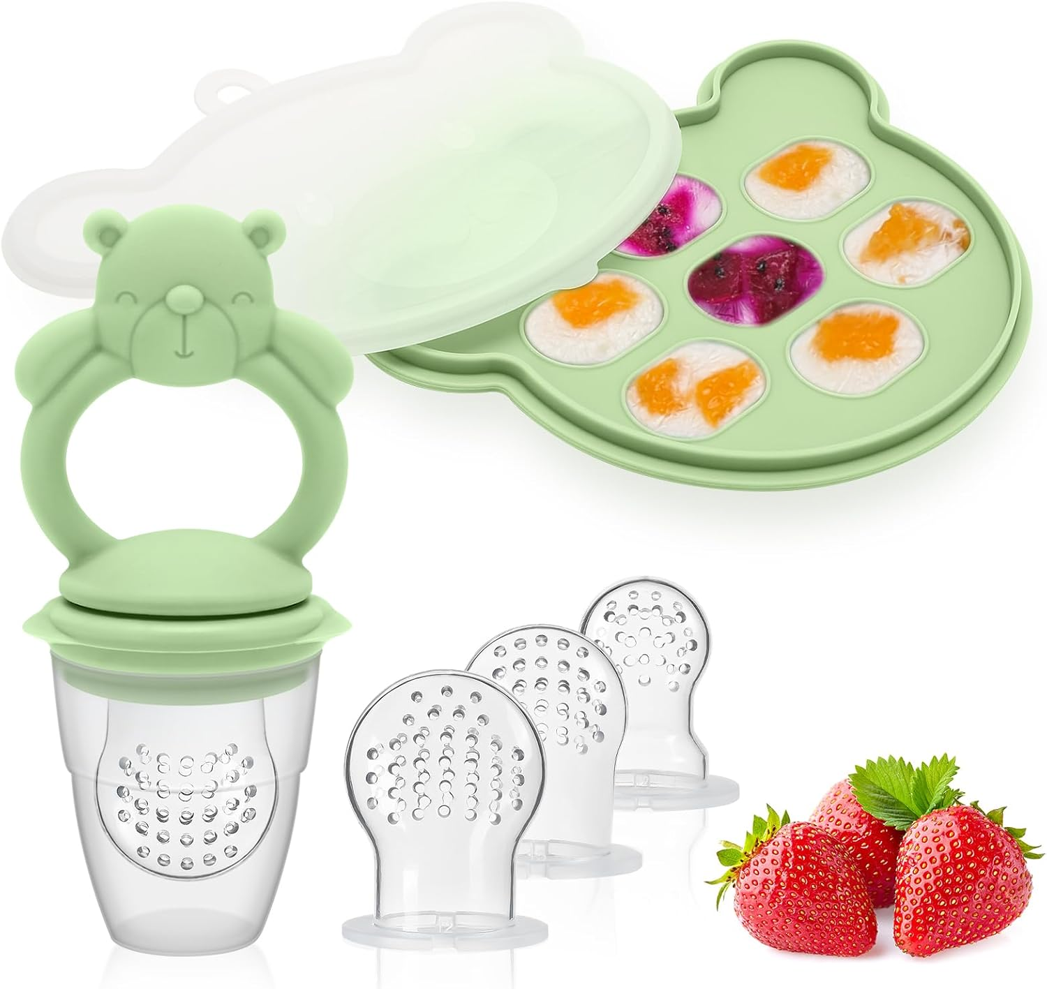 Baby Silicone Fruit Food Feeder Pacifier & Breastmilk Popsicle Freezer Molds, BPA Free Baby Food Storage Containers Frozen Ice Tray for Baby Feeding Safely, Infant Fruit Teething Toy