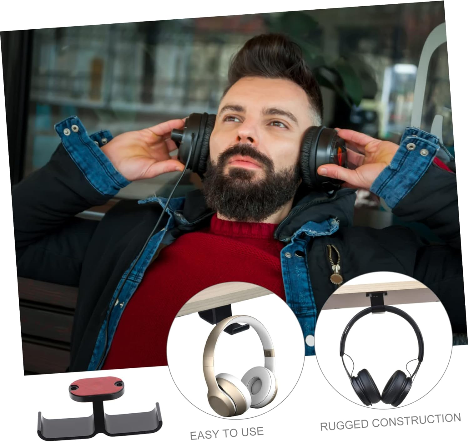 TEHAUX Dual Headphone Holder under Desk Earphone Hanger for Wireless Headsets Durable Adhesive Screw Fixing for Gaming Office Organization image number 2