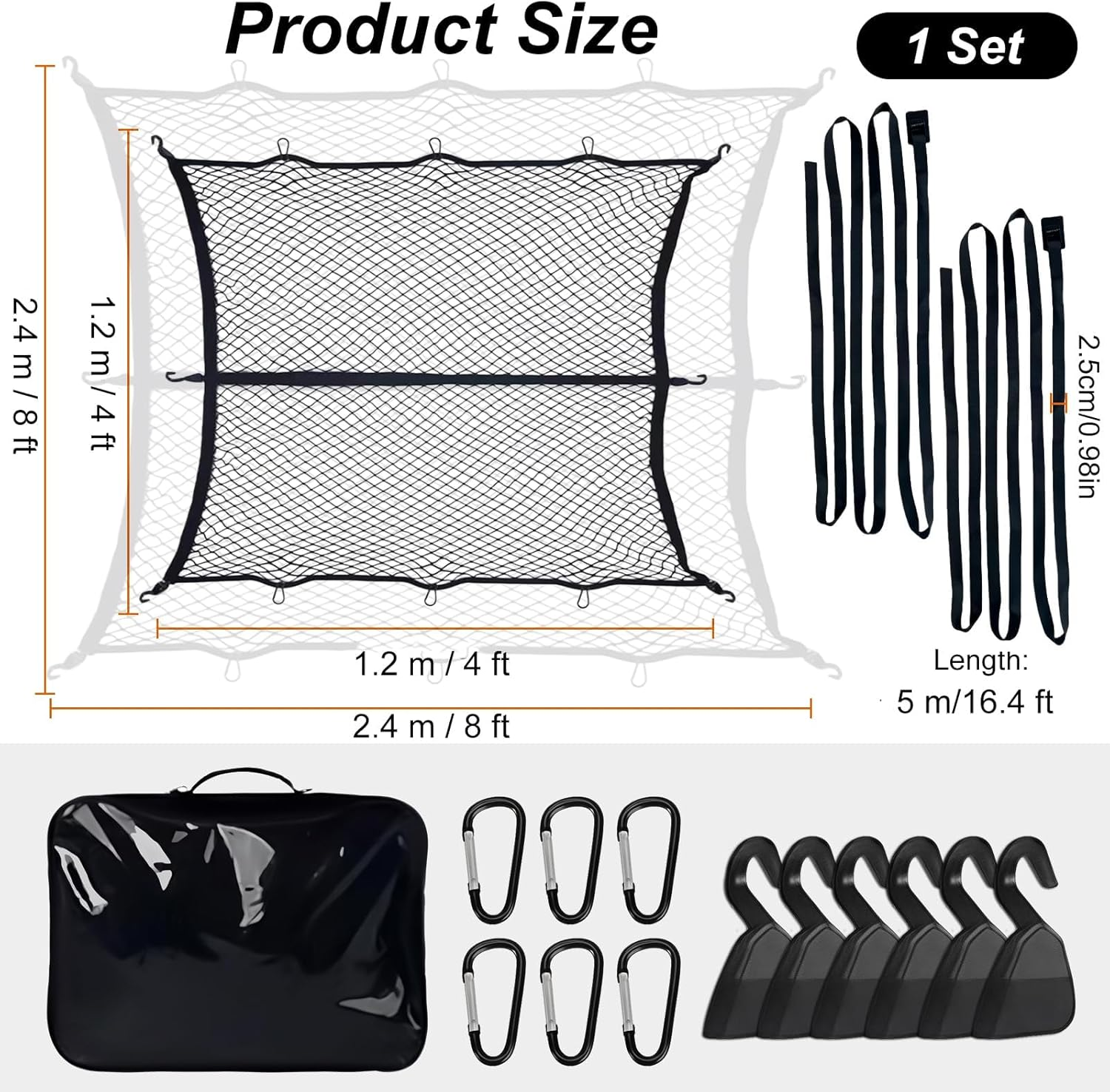 Highly Elastic Cargo Net Kit with 2 5M Tie down Straps &ndash; Elastic Trailer Net 4'X4' Expandable to 8'X8'With 6 Extra DIY Mesh Holes, 6 Hooks, 6 Carabiners & Storage Bag for UTE, Trailers, 4WD & Pickup