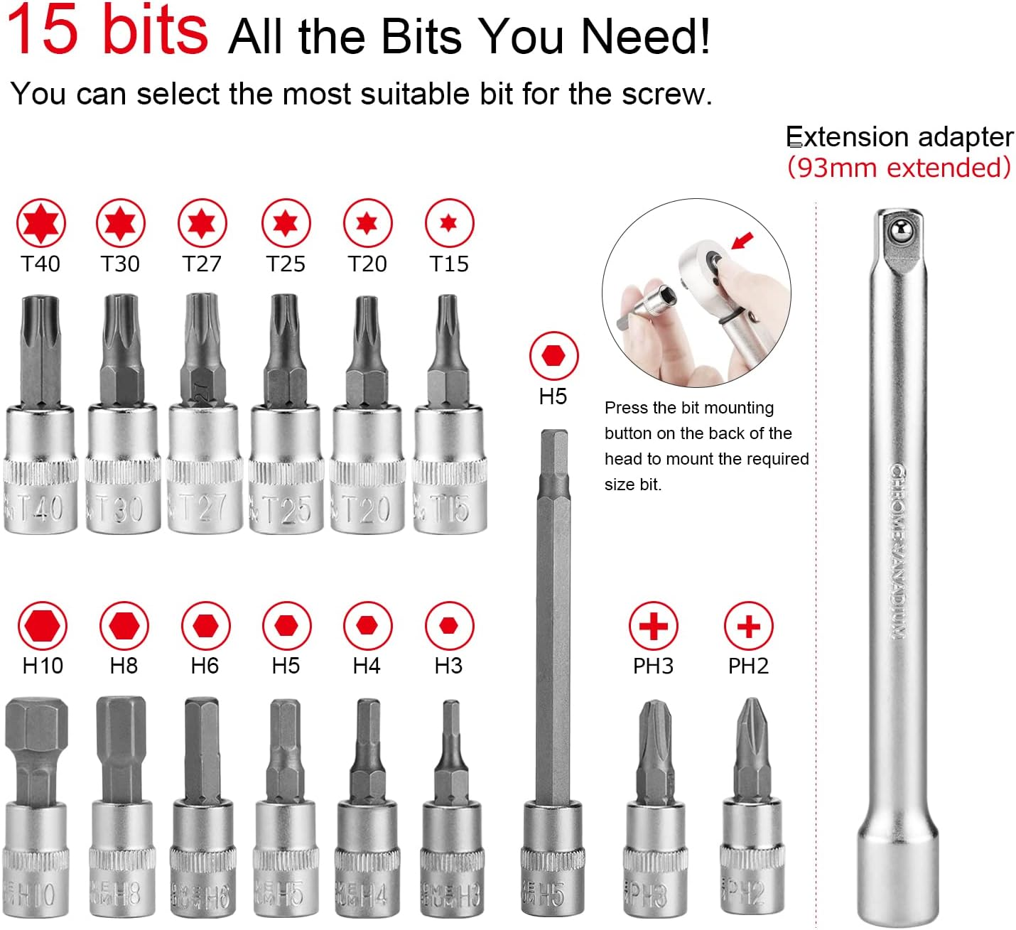 Bike Torque Wrench Set 1/4" Drive Click 1-25 Nm - Bicycle Maintenance Tool Kit for Road/Mountain Bikes - Includes Allen, Torx, Philip, Extended H5 Socket Bit Repair Set, Extension Bar & Storage Box image number 4