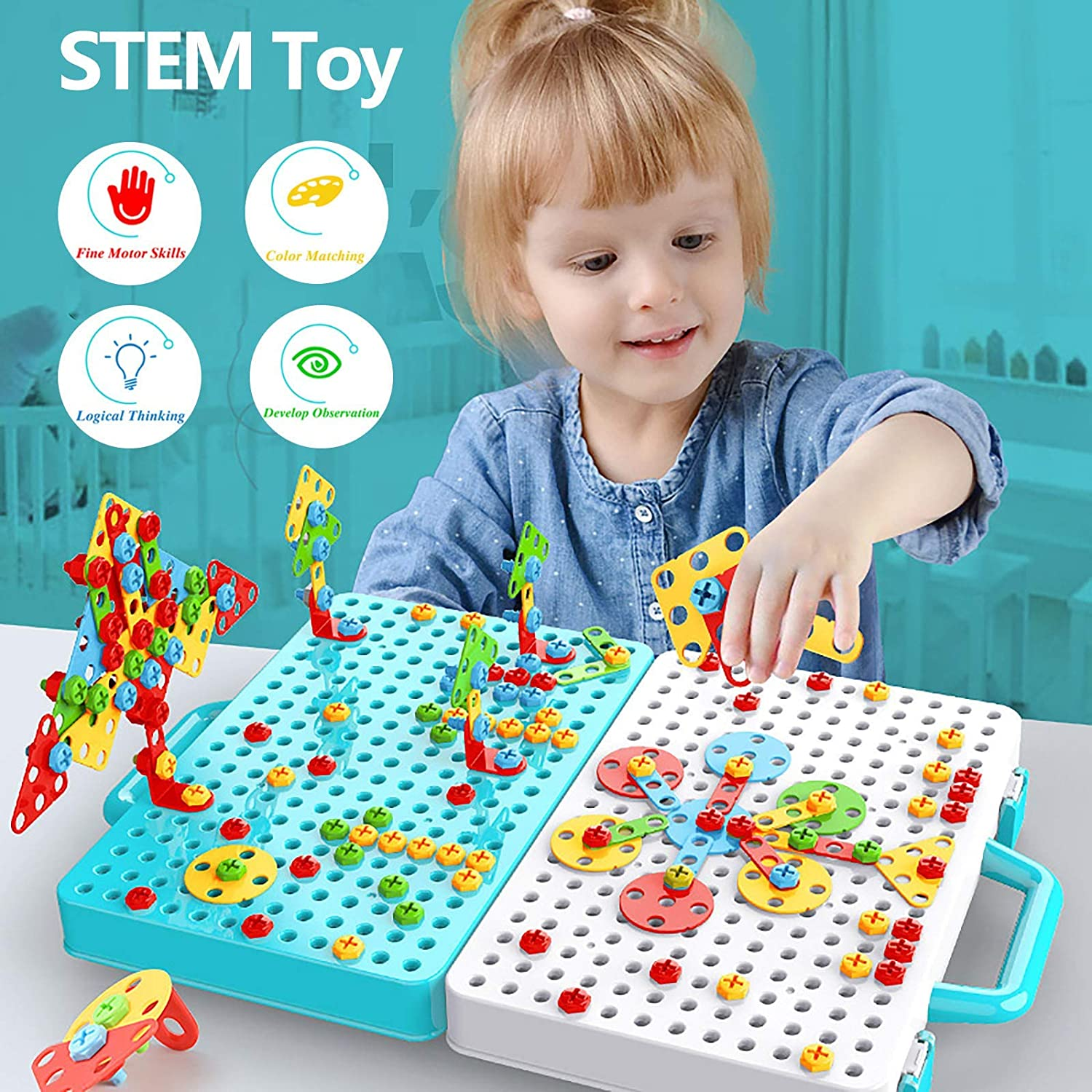 550Pcs Electric DIY Drill STEM Puzzle Toy Set, Creative Mosaic Drill Puzzle Kit, 2D 3D Educational Building Blocks Construction Games Tool Kits, Best Kids Toys for Boys and Girls Age 3-12 Years Old