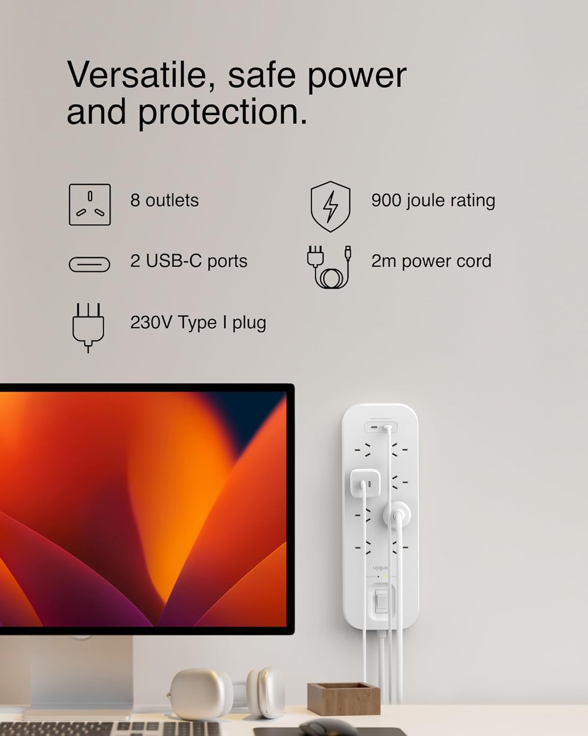 Belkin Connect 8-Outlet Surge Protector with Dual USB-C 30W, Dual USB-C Ports, 2M Power Cord, RCM Safety Certified - SRB004AU2M image number 2