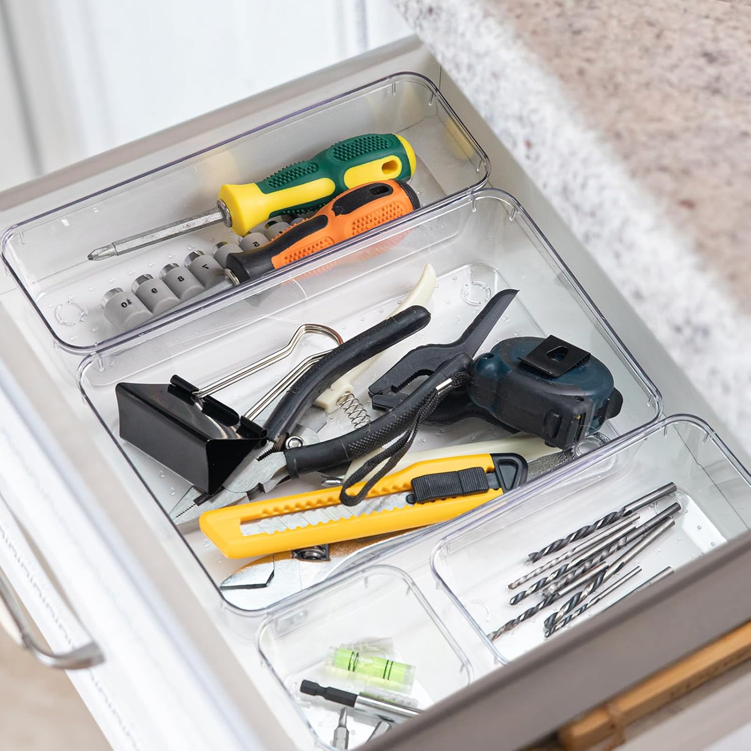 Aubeco 37 Pcs Clear Plastic Drawer Organisers, 4 Sizes Acrylic Storage Box, Non-Slip Desk Container for Makeup, Bathroom, Office, Kitchen, Bedroom, Jewelry image number 1