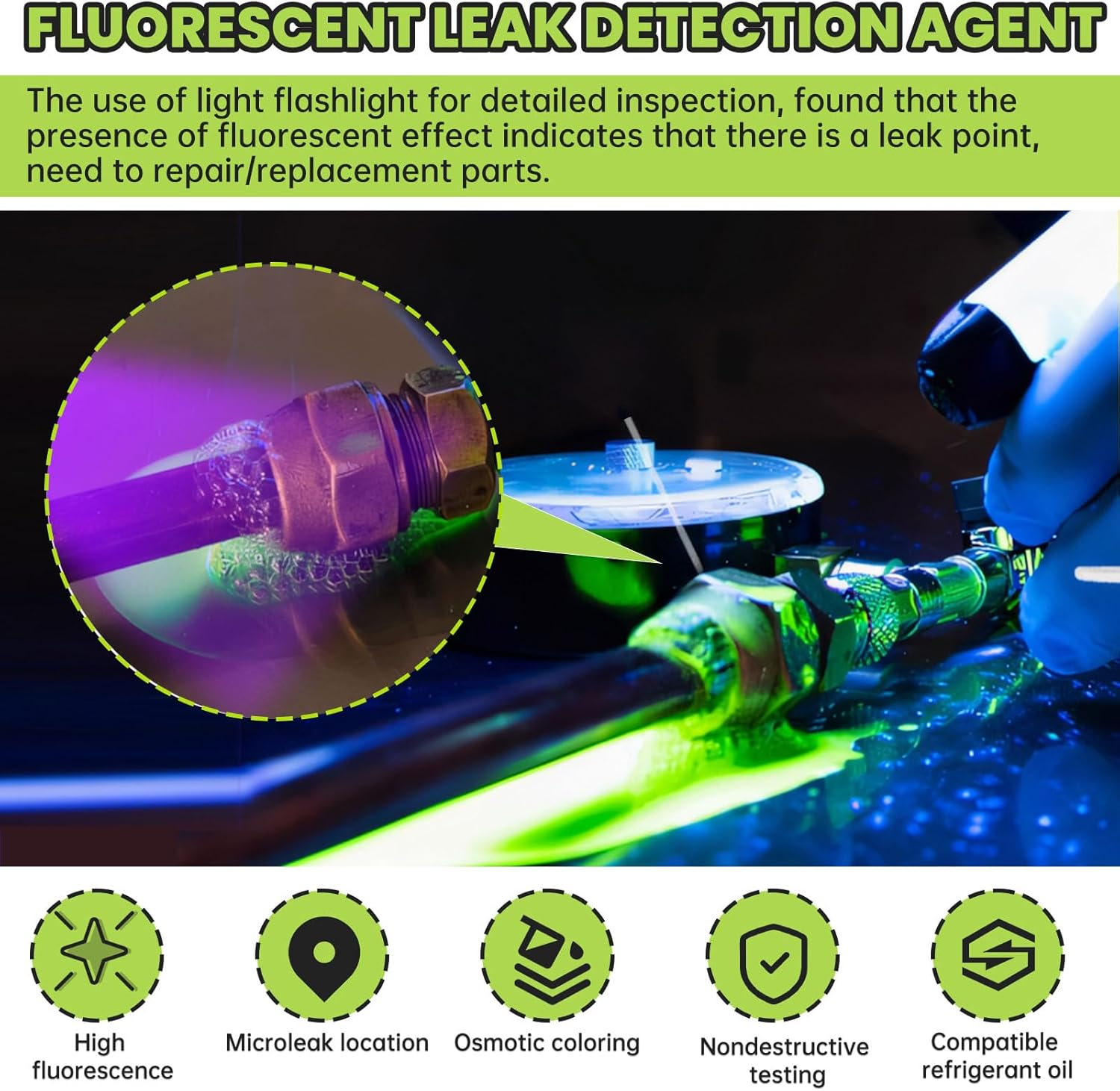 Allony Fluorescent UV Dye, Leak Detection Tracing Dye, Green UV Dye Detector for Detecting Refrigerant Gas Leaks in Vehicle Air Conditioning Systems, Includes R134A Adapter 60Ml image number 2