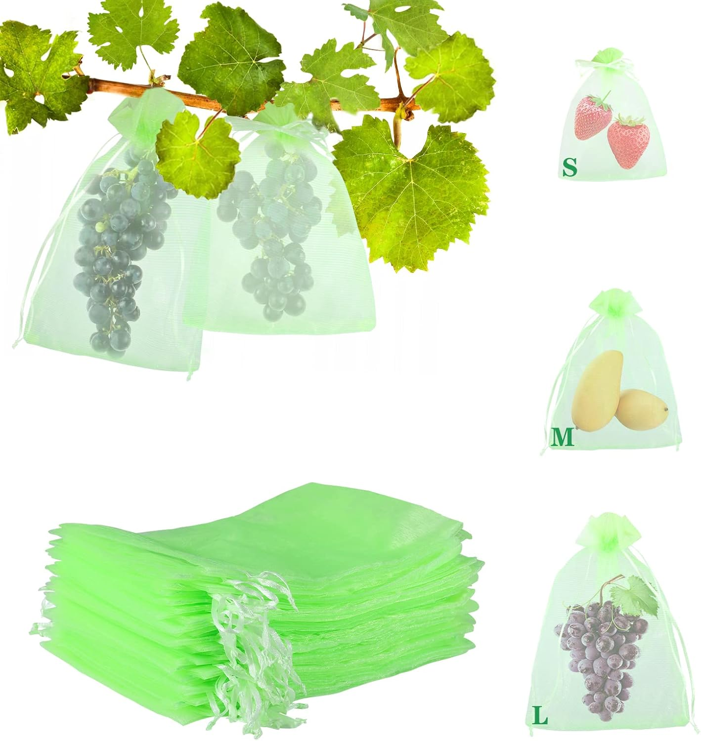 Kikhope 50 Pcs Fruit Protection Bags, 12''&times;8'' Fruit Netting Bags with Drawstring, Garden Fruit Cover Mesh Bag to Protect Plants from Pest Birds Squirrels image number 2
