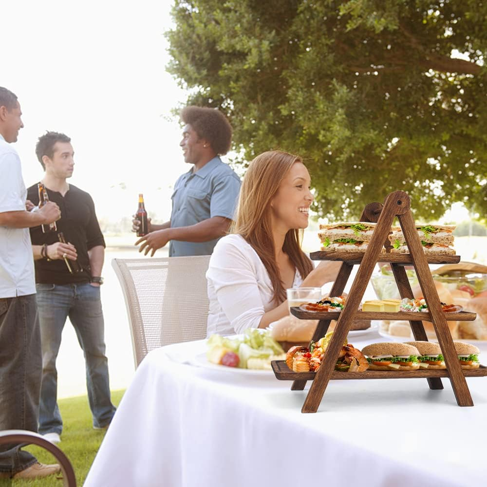 Manspdier Wood 3 Tier Serving Tray Three Tiered Cupcake Stand, Rectangle Platter Wooden Farmhouse Tray, Party Dishes for Entertaining, Rustic Vintage Trays and Platters, Dark Brown Appetizer Plates image number 3
