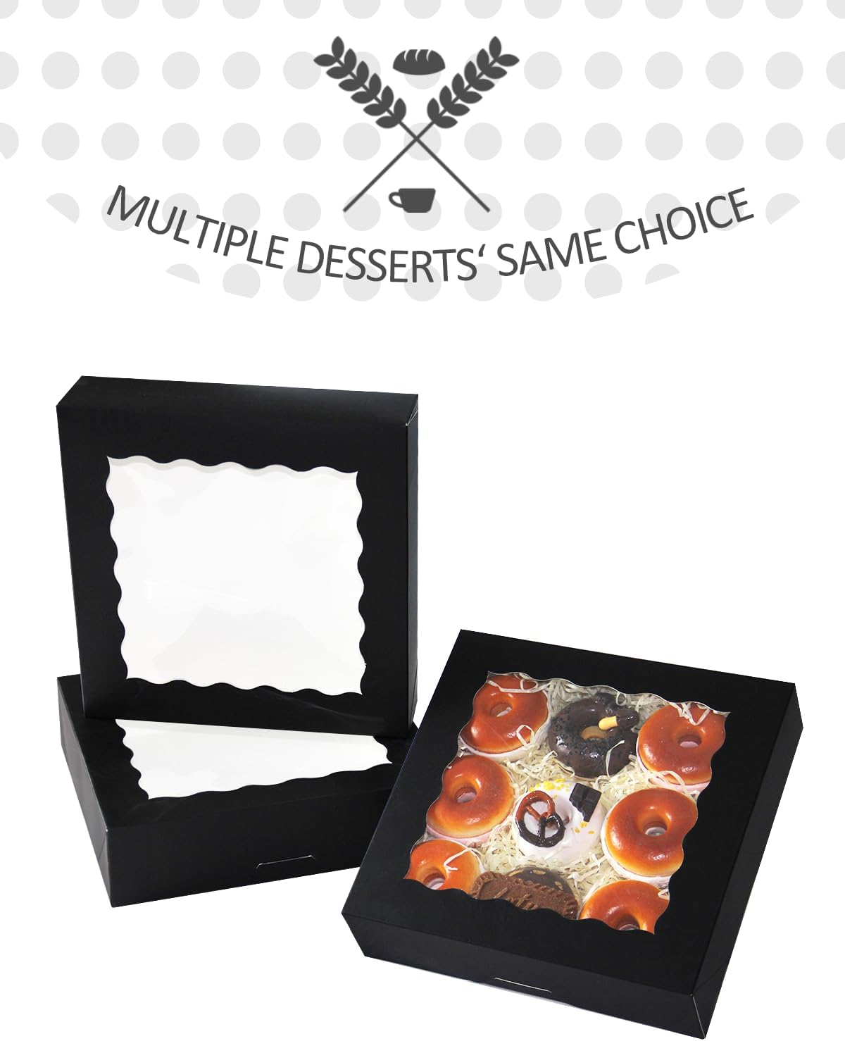 Qiqee Black 12Pcs Bakery Box with Window 20.32X20.32X6.35Cm Donut Pie Boxes Pastry Box(8X8X2.5 Inch,Auto-Pop Up) image number 6