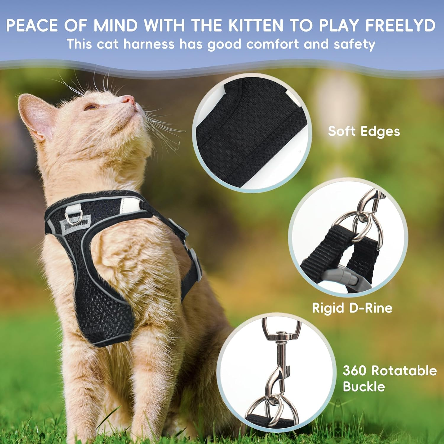 Cat Harness with Lead, Escape Proof, Adjustable Cat Harness, Escape Proof, Soft and Breathable Mesh, Cat Lead Harness for Cats and Small Dogs, Outdoor Training image number 3