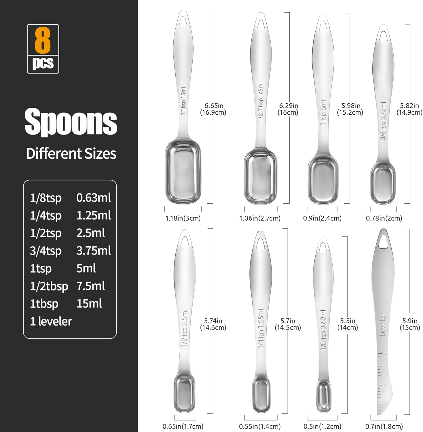 18/8 Stainless Steel Measuring Spoons: Doosu Heavy Duty Rectangular Spoon Square Teaspoon Tablespoon Scoop with Slim Long Handle in Narrow Spice Jar for Kitchen Baking Cooking (Set of 8 with Leveler) image number 3