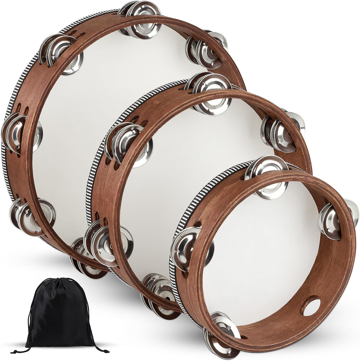 Wooden Hand Held Percussion Tambourine with Storage Bag - 6+8+10 Inches, Ideal for Church, Wedding, Party, Dance, Photo Shoot