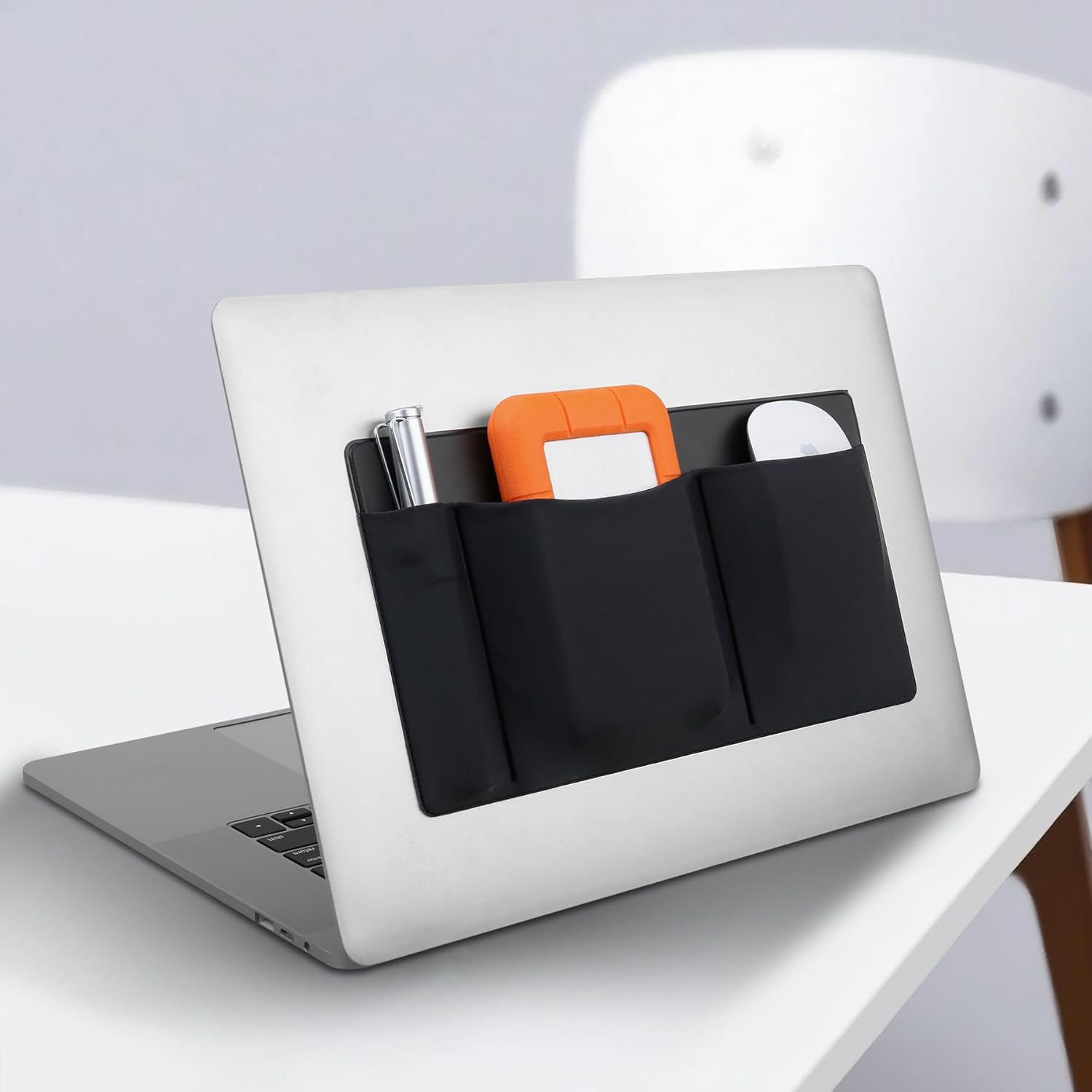 Lacdo 3-Pocket Mouse Holder for Laptop Stick On, External Hard Drive SSD Holder for Laptop, Stick on Pouch Organizer Adhesive Pocket Storage Sleeve for Mouse/Hdd/Ssd/Cables, Computer Accessories,Black image number 4