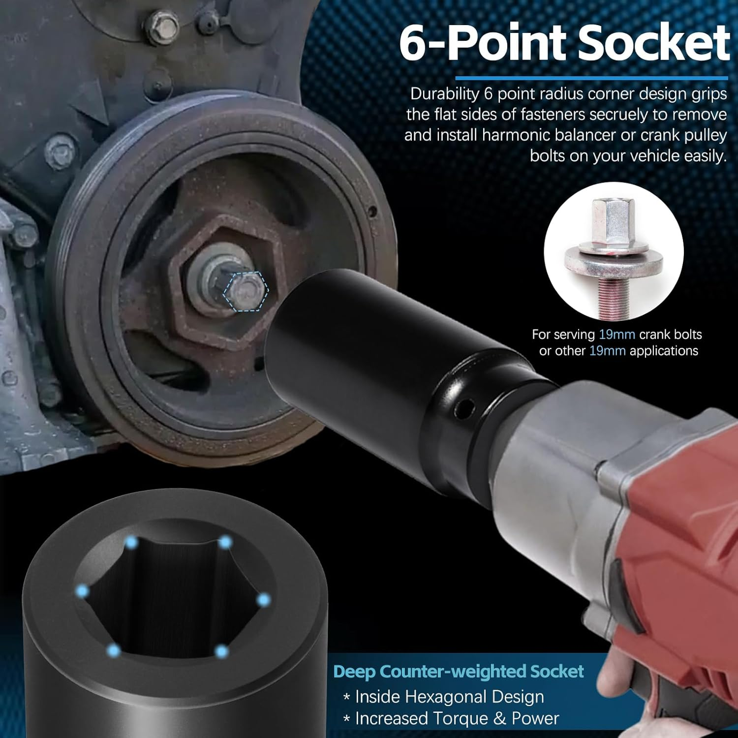 19 Mm Harmonic Balancer Socket & 50Mm Crankshaft Crank Pulley Wrench Holder for Honda and Acura Engines image number 3