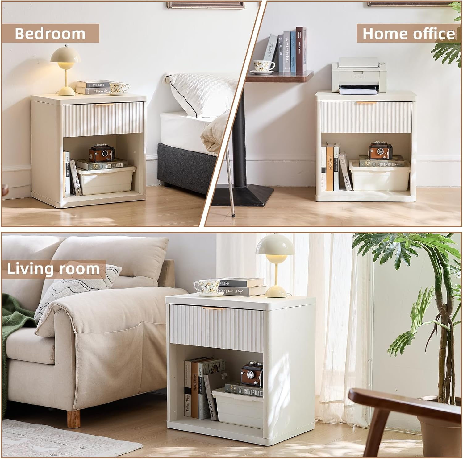 LELELINKY 58 X 39 Cm Fluted Bedside Table with 1 Drawer,Modern White Bed Side Tables Storage Chest of Drawers with Open Shelf,Wood Nightstand Cabinet with Metal Handles for Bedroom,Living Room image number 4