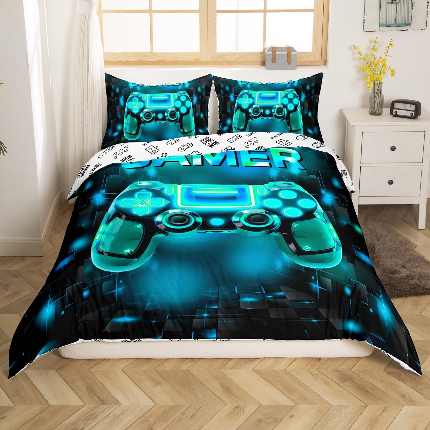 3 Pieces Watercolor Blue Game Duvet Cover Not Comforter,Neon Gamepad Kids Boys Gamer Bedroom Gift Bedding Set,Geometry Grids Square Modern Style All Season Bedding Queen Size image number 6