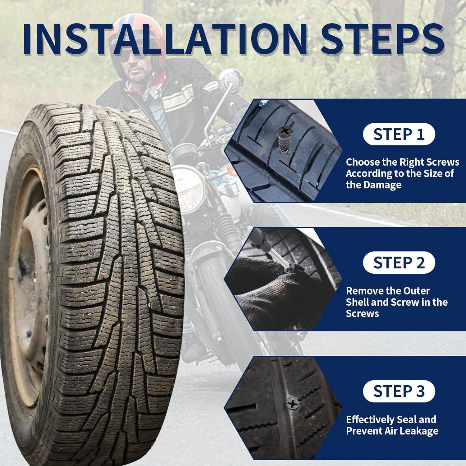 Tyre Repair Kit, 60 Pcs Tire Repair Rubber Nail Studs, Tire Repair Rubber Screws Plugs Fast Tool Self-Service Vacuum Tire Repair Rubber Nail, Suitable for Car Motorcycle Jeep Tire Puncture Repair