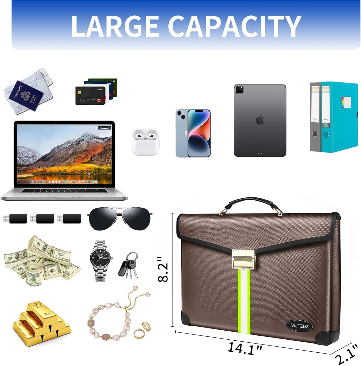 6500&deg;F Fireproof Document Bag with Lock,Upgraded Large Capacity Fireproof/Waterproof Money Bag with Zipper/Reflective Strip,Storage Pouch for A4 Letter Size Document,Cash,Cell Phone,Passport image number 5