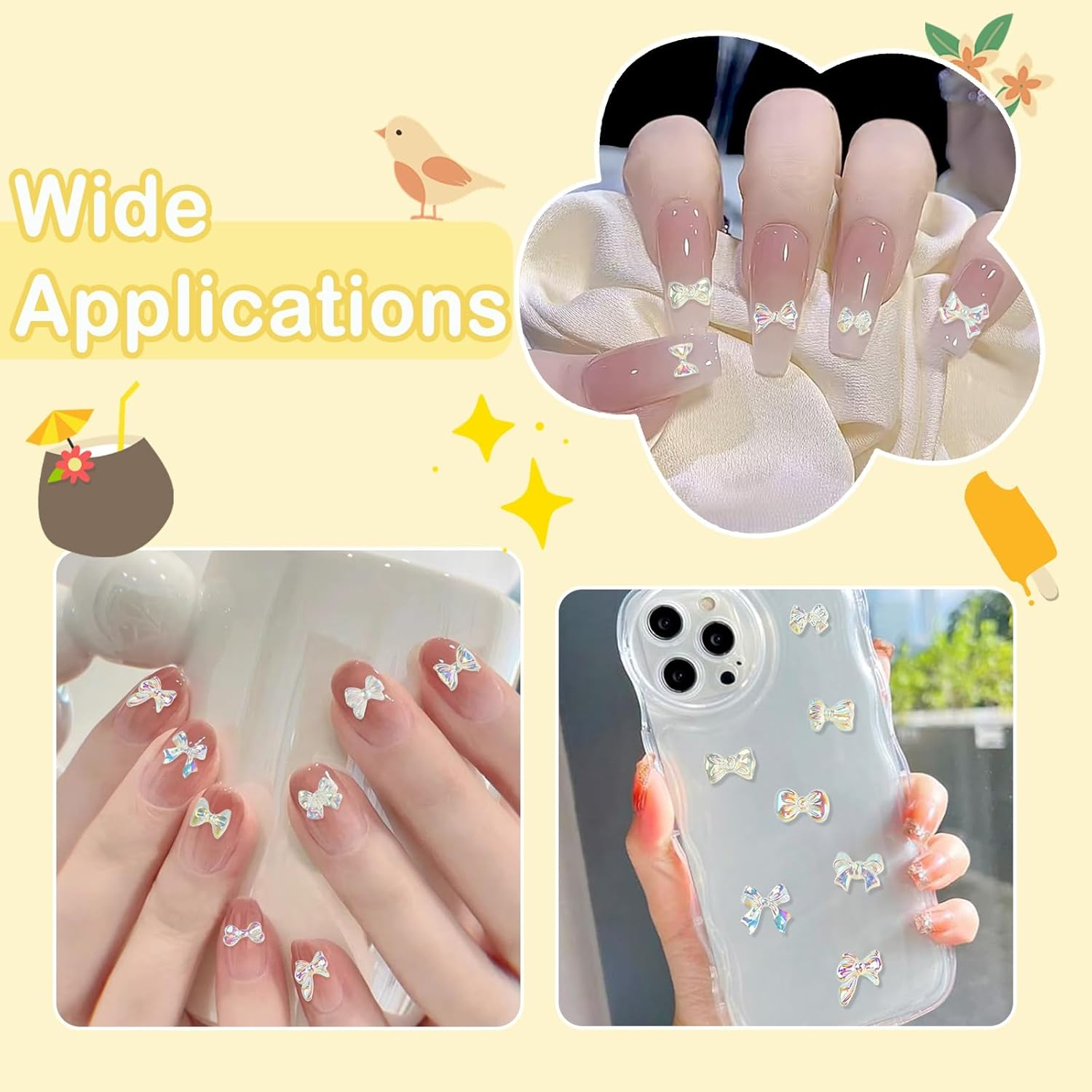 UR URLIFEHALL 200 Pieces Random 3D Bow Nail Charms Flat Back Transparent AB Bow Resin Cabochons for Nail Art DIY Phone Number Scrapbooking Crafts image number 5