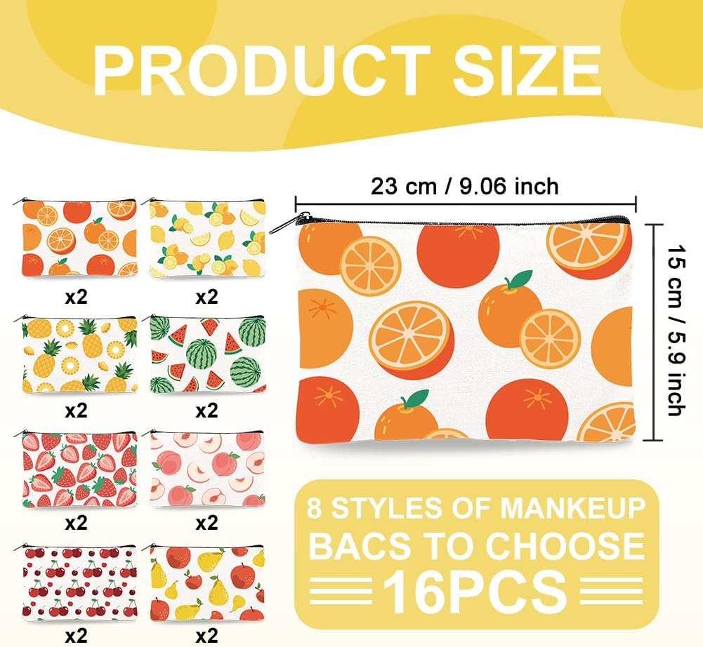 Doodlream 16Pcs Canvas Fruits Makeup Bag, 23 X 15 Cm Oranges Lemons Pineapples Cosmetic Bags Travel Organizer Portable Accessories with Zipper, Toiletry Large Capacity, Purse Organizer Pouches image number 5