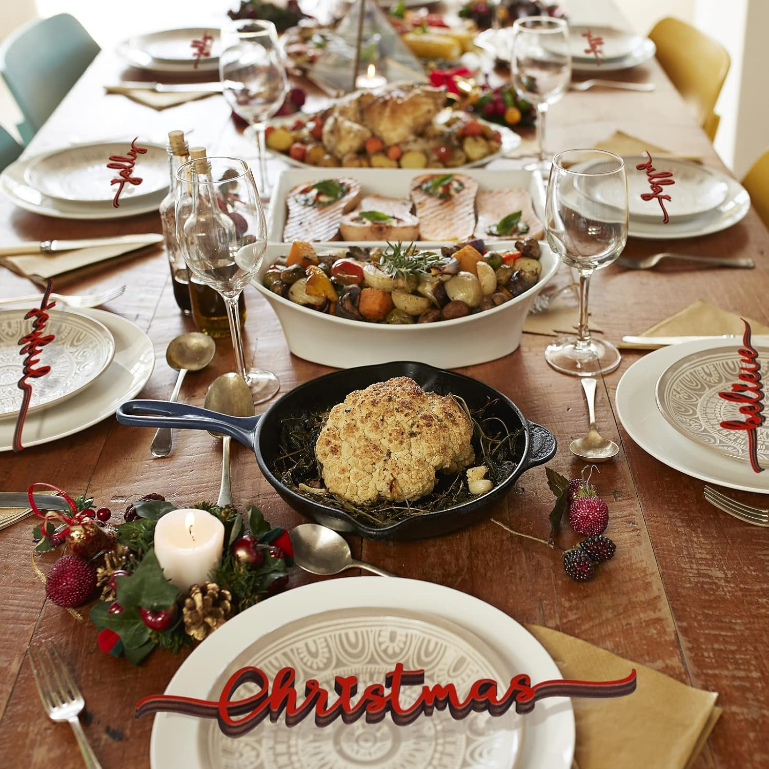 BORAMDO Christmas Letter Wall Sign Decor 12Pcs, Wooden Words Cutouts for Home Decorations, Table Plate Rustic Ornaments, Blessed Joyful Believe Welcome Merry Christmas Red Signs image number 2