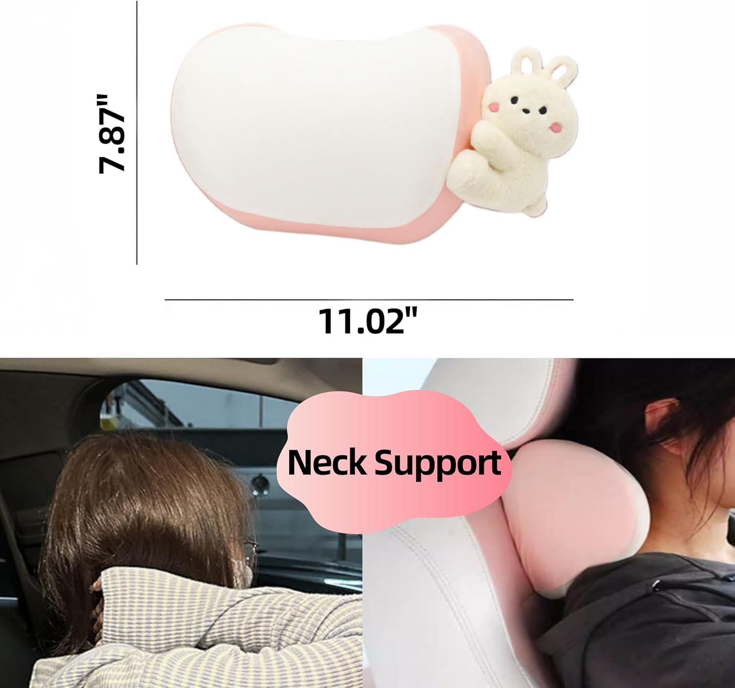 Car Headrest Pillow 2PCS Plush Bear ＆ Bunny Car Seat Headrest Pillow - Memory Foam Neck Support Cushions for Comfortable Driving, Easy Install & Washable (Pink) - Black Panda image number 7