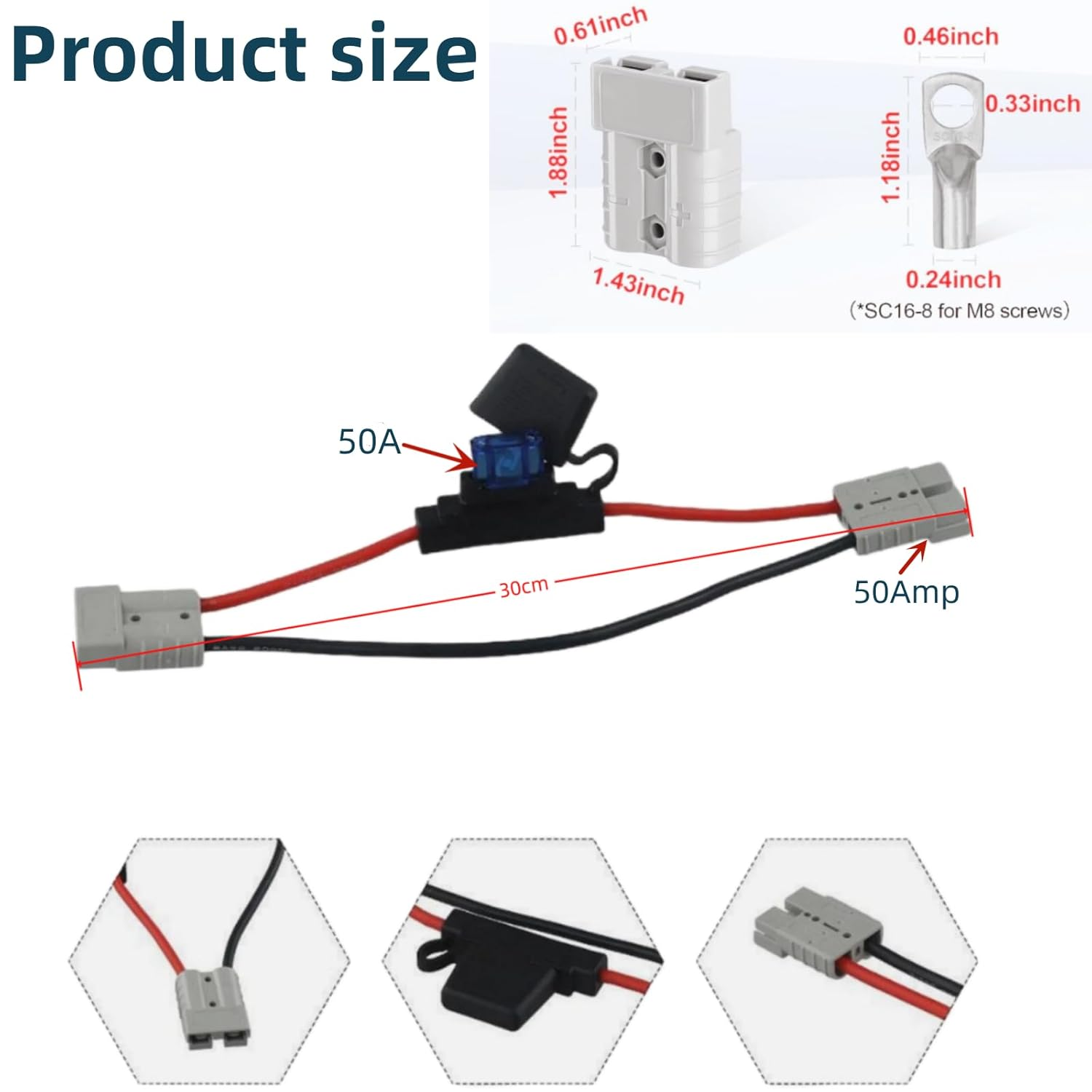 10AGW Anderson Style to Anderson Plug Power Lead 50AMP Maxi Fuse 30CM Cable,50A Fused image number 6