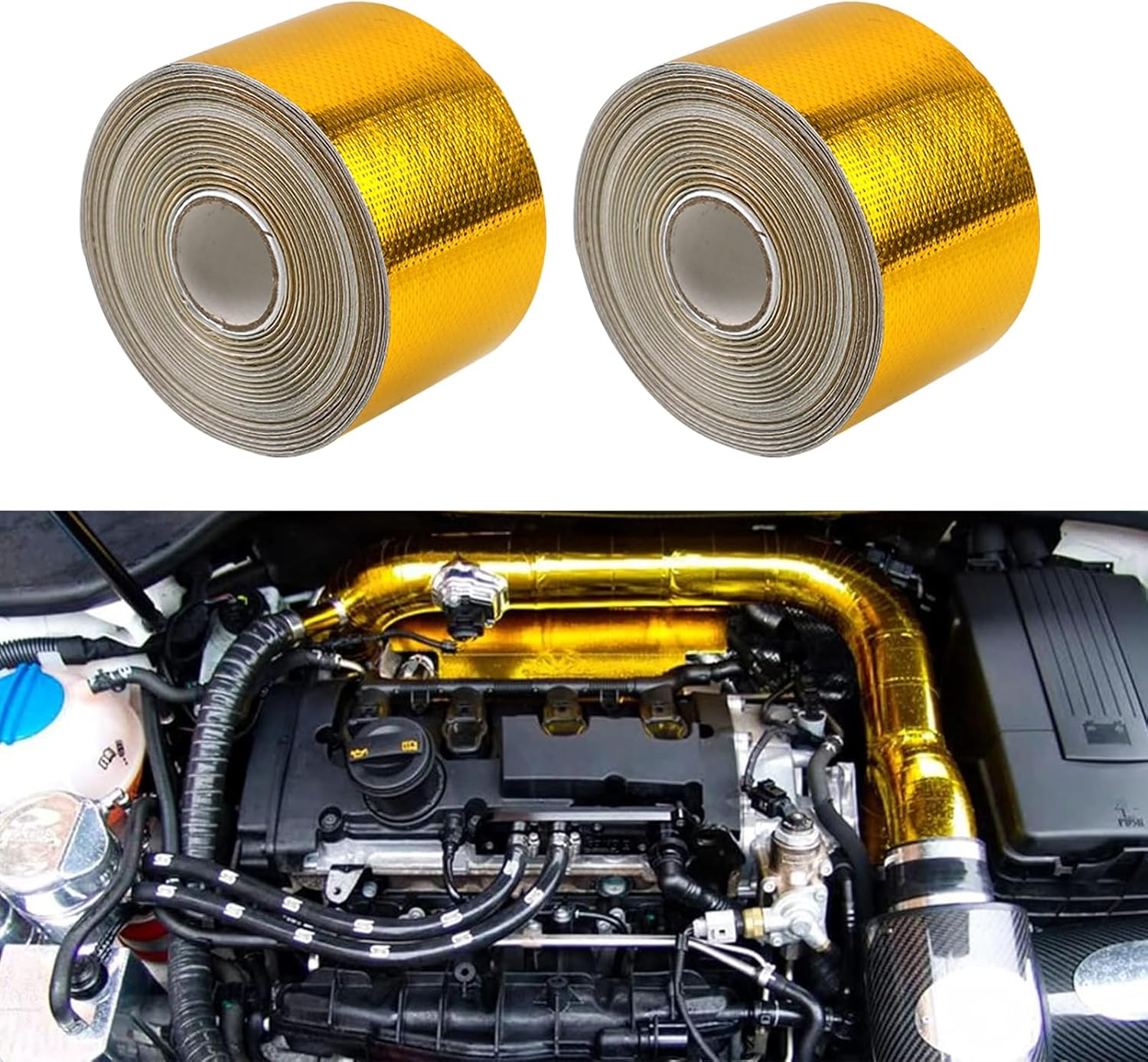 Sporacingrts 2PCS 2" X 65.6'（20M） Gold Adhesive Backed Heat Barrier Tape Glass Fiber Heat Shield Reflective Tape Wrap Roll Compatible with Car Intake Pipe Engine Bay Etc image number 5