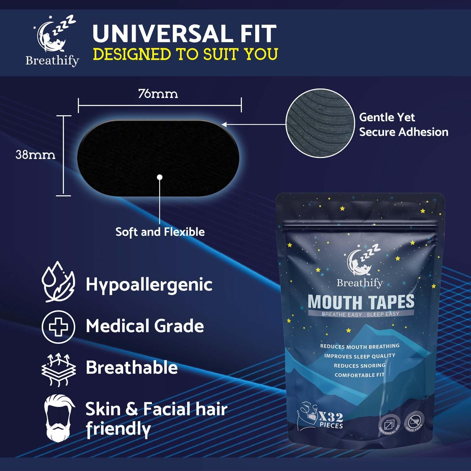 Mouth Tape for Sleeping - anti Snoring Devices, Mouth Tape for Snoring Reduction (32 PACK) - Sleep Tape, Hypoallergenic Sleep Strips, Medical-Grade Adhesive, Ultimate anti Snoring & Snoring Reduction Sleep Aid - Breathify image number 3