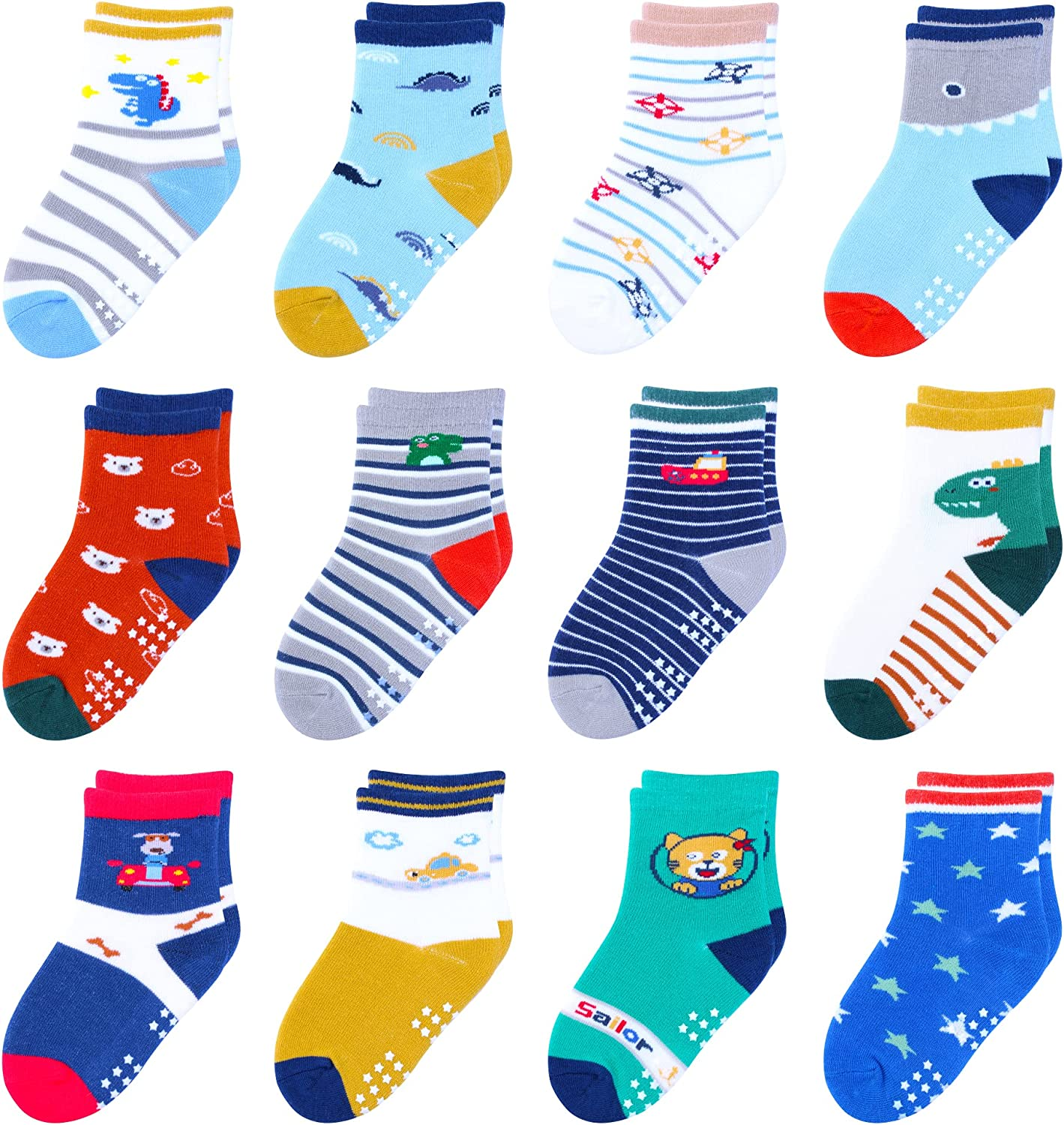 Hyzgb 12 Pack Non Slip Kids Toddler Baby Socks with Grips for 1-7 Years Boys Girls Cotton Crew Socks Multi Colors