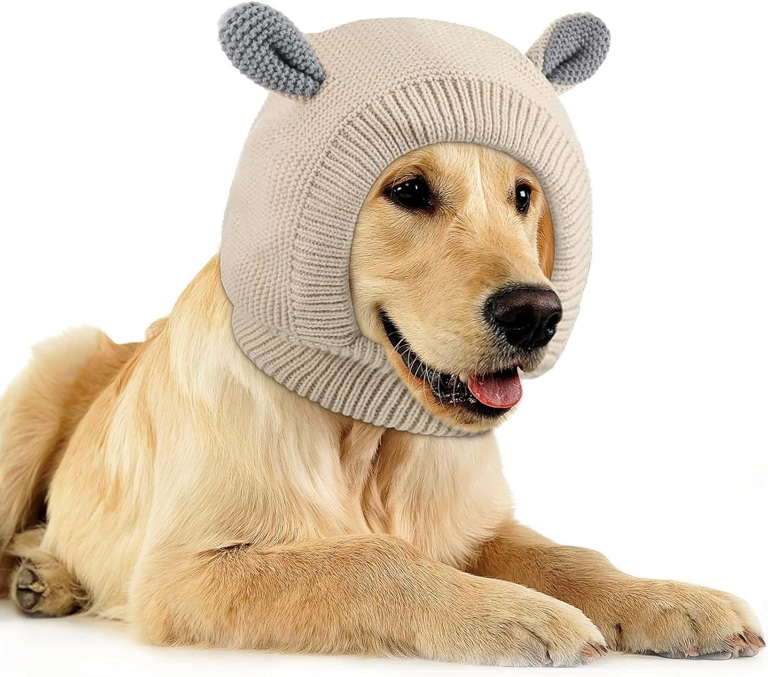 Quiet Ears for Dogs, Dog Ear Muffs Noise Protection Knitted Pet Ears Head Wrap Hats for Medium to Large Cats Pets (Beige, One Size) image number 4