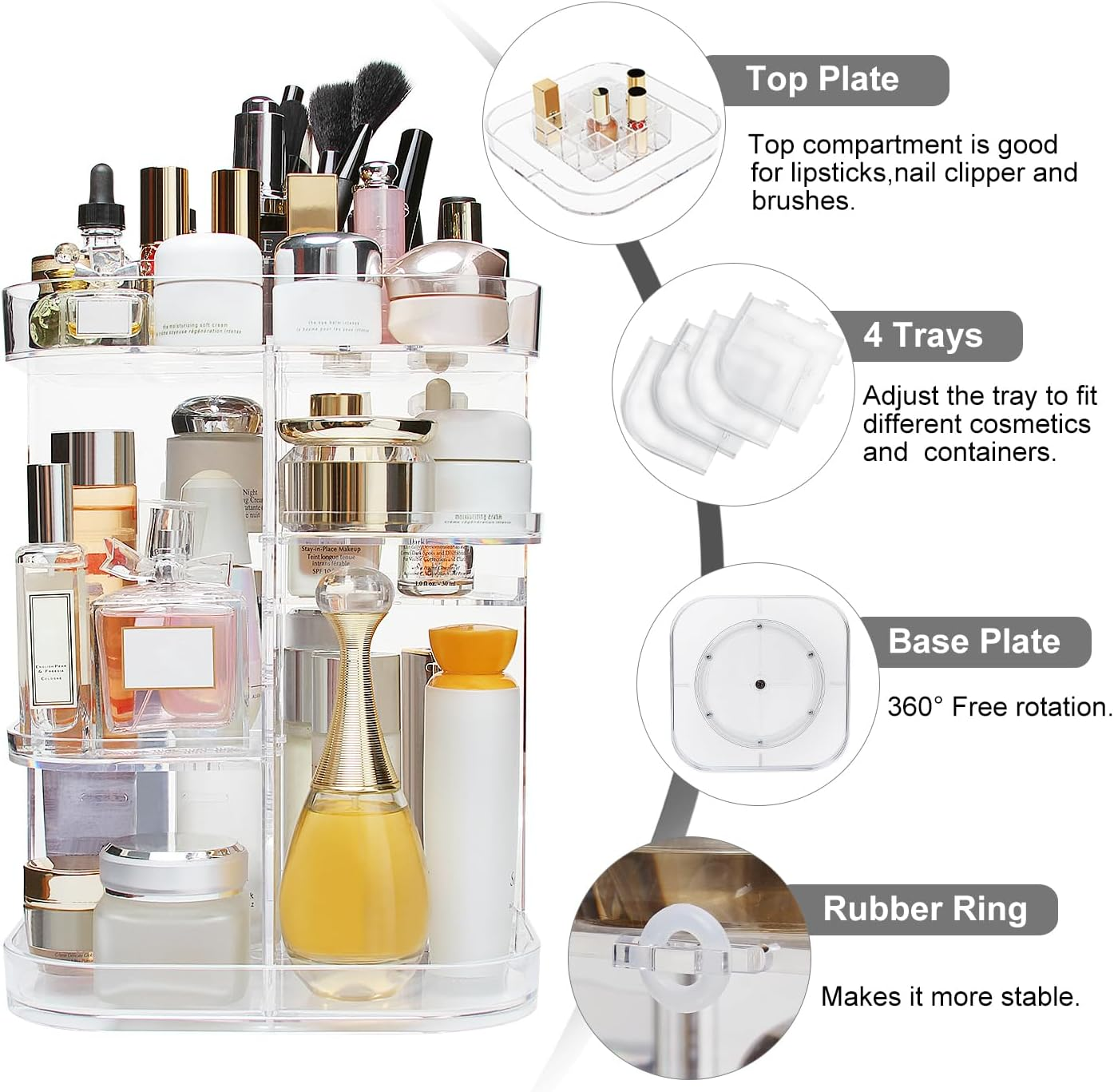AMEITECH 360-Degree Makeup Organizer, DIY Adjustable Rotating Cosmetic Storage Carousel Spinning Holder Storage Rack with 5 Layers Large Capacity, Best for Countertop, Square image number 4