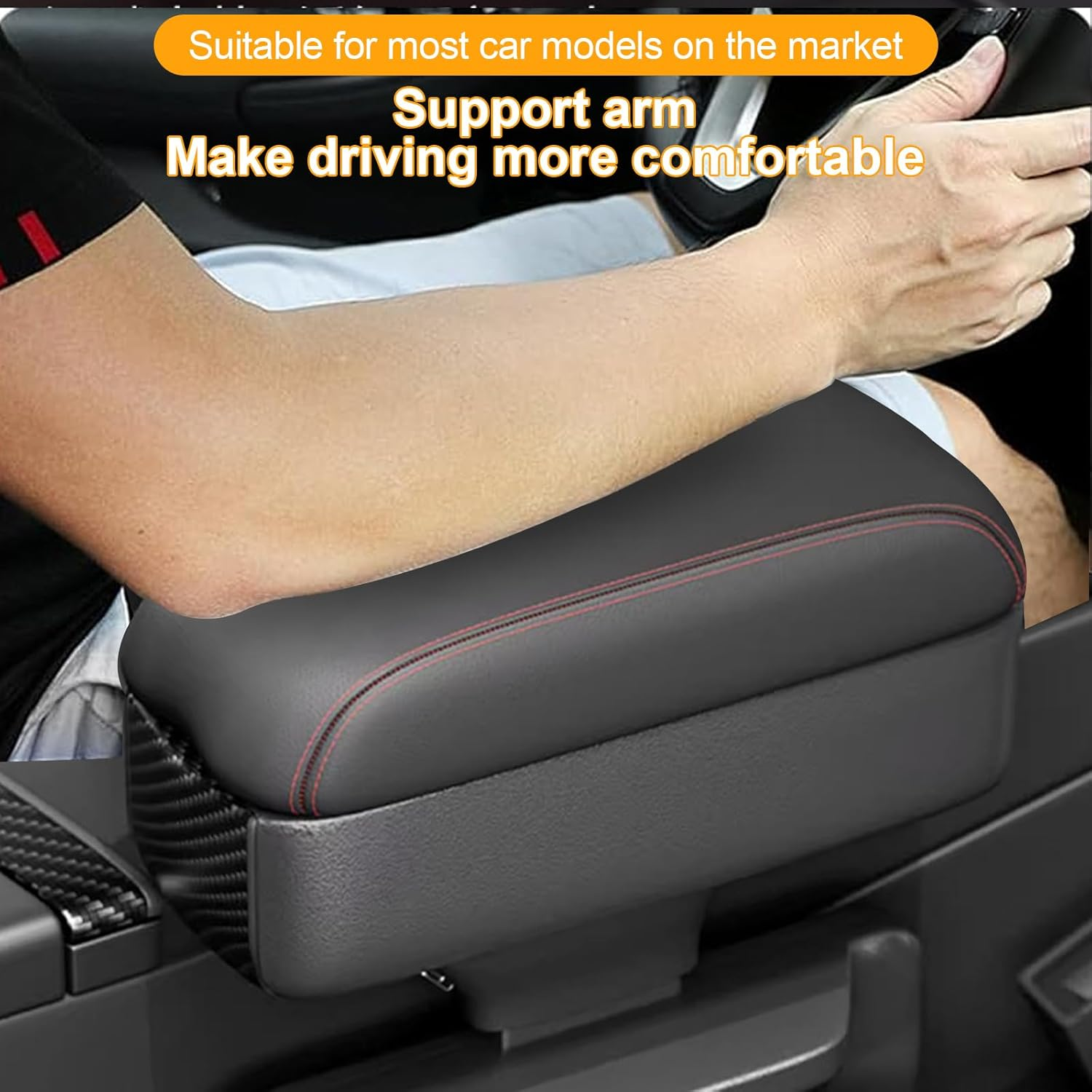 Auto Center Console Armrest Gap Filler Organizer, Car Nappa Leather Armrest Pillow with Storage Box, Arm Rest Cover Cushion with Cup Holder, Universal Adjustable High-Low Arm Rest Extender (Black) - Red image number 3