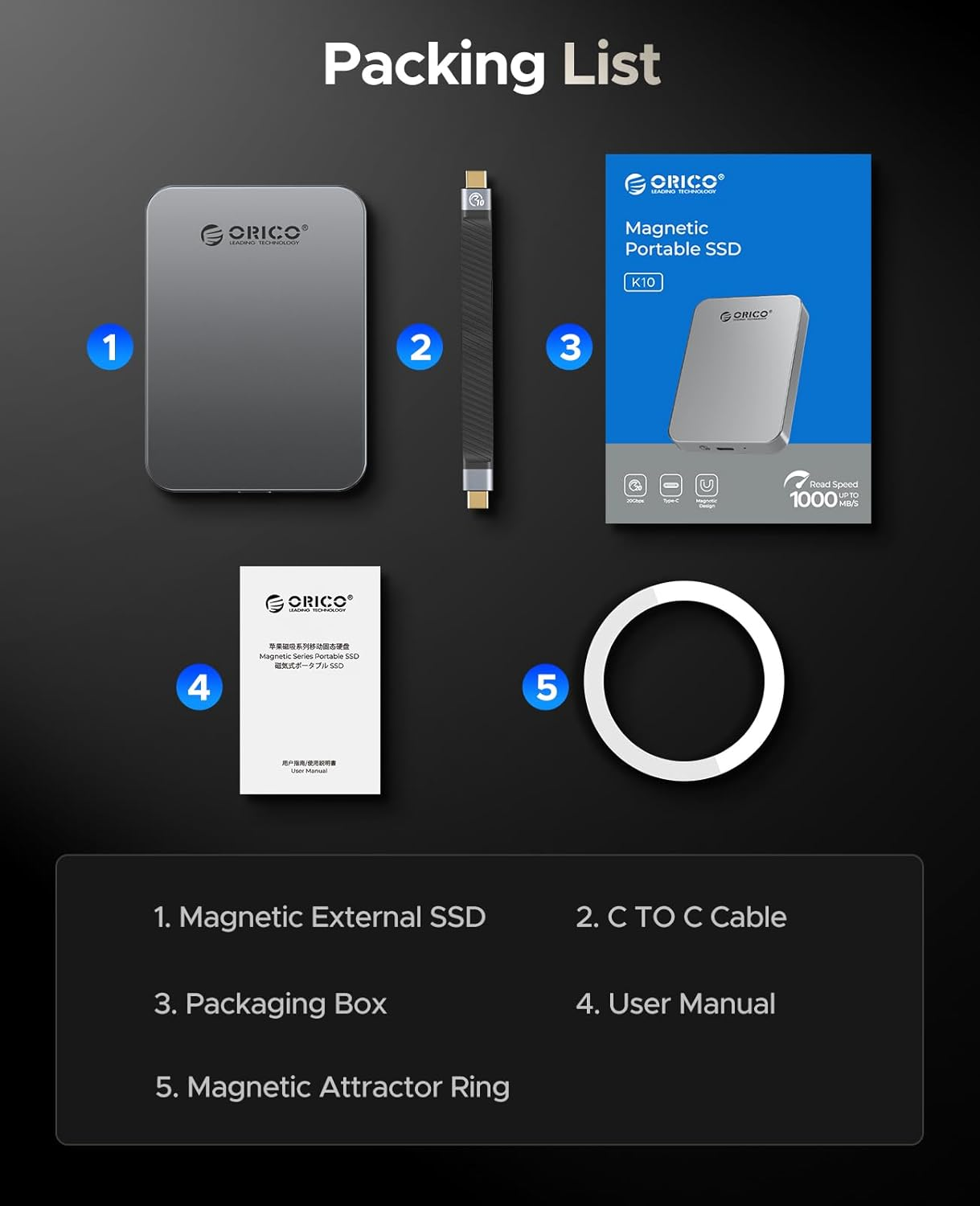 ORICO 512 GB Magnetic SSD, PD100W Charging, 4K Prores HDR, 1000Mb/S USB 3.2, Portable External Drive for Iphone 16/15, Laptops, Tablets - Aluminum Alloy, Drop Resistant - K10 image number 3