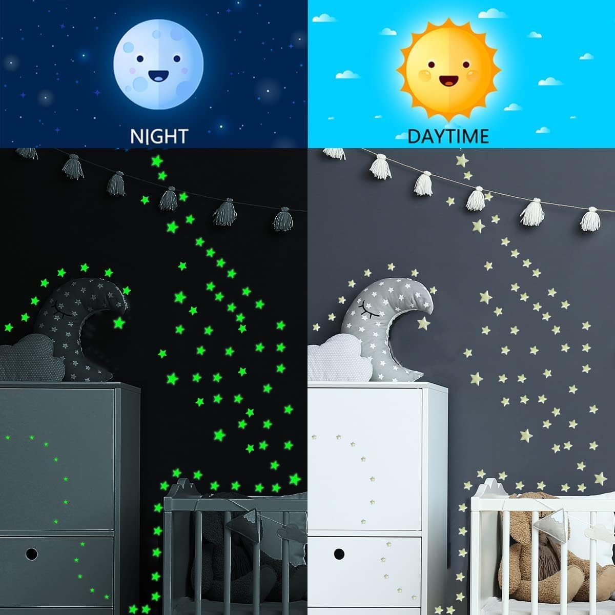 Aooyaoo Glow in the Dark Stars Wall Stickers, 3D Glowing Stars for Ceiling and Wall Decals, Perfect for Kids Bedding Room or Party Birthday Gift (606Pcs, Green) image number 4