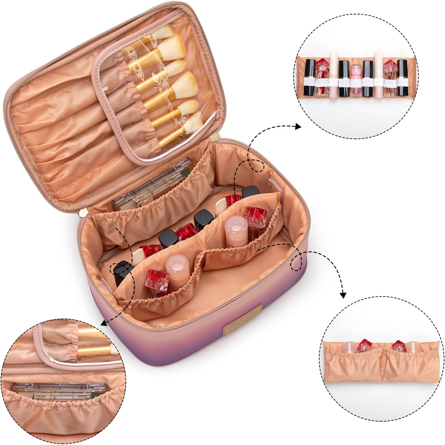 Montana West X Wrangler Travel Makeup Bag 2Pcs Set Large Cosmetic Bag with Makeup Brush Holder Portable Make up Organizer Toiletry Bag with Divider and Handle for Women, Purple, Large image number 6