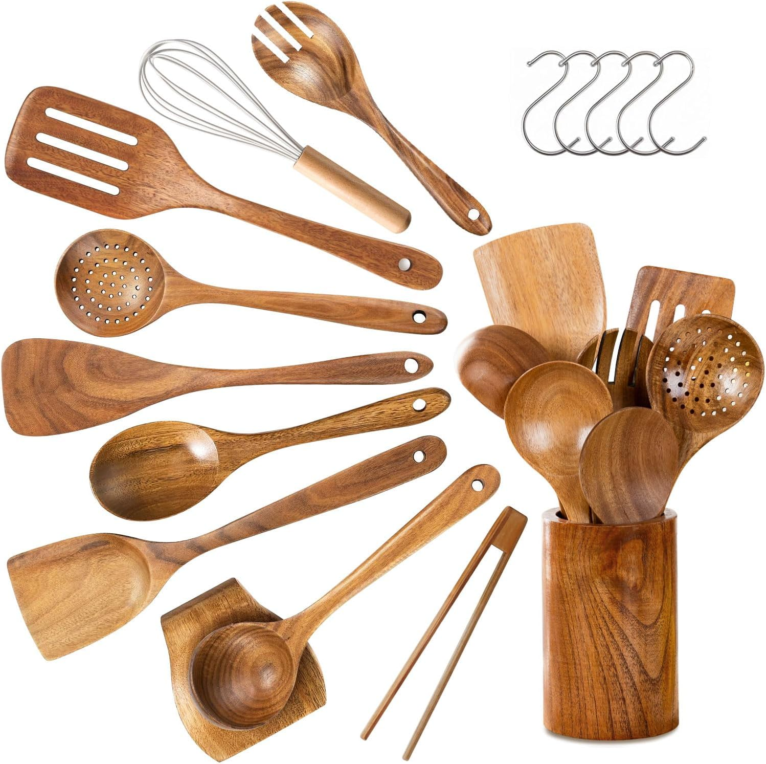 WEKUBA 11 Piece Kitchen Utensil Set, Natural Teak Kitchen Wooden Utensils for Cooking, Wood Utensil Natural Teak Wood Spoons for Cooking,Wooden Utensil Set with Spatula and Ladle image number 4