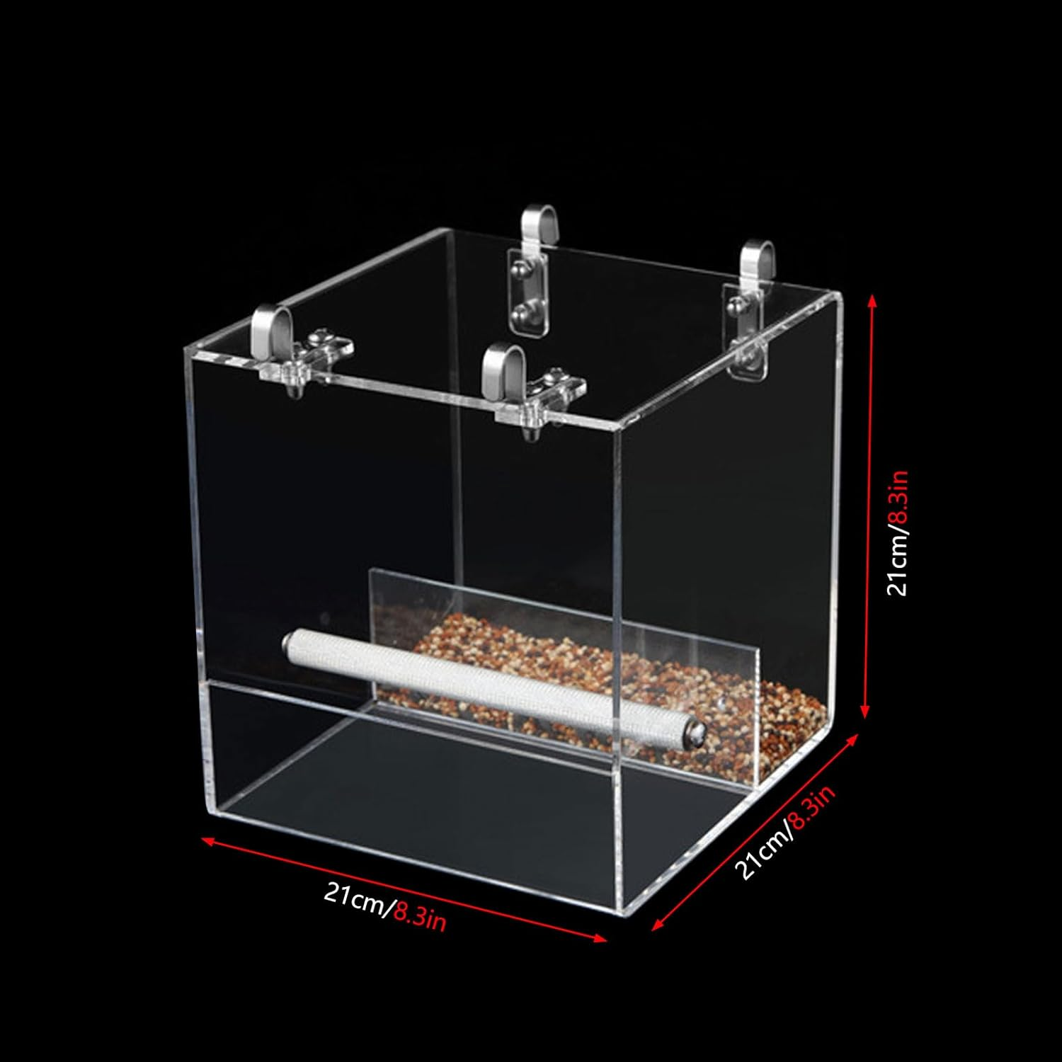 Automatic Parrot Feeder No Mess Bird Cage Seed Feeding Container Box Acrylic Automatic Bird Feeder Bird Cage with Stainless Steel Hooks for Small Birds like Parakeet,Canary,Cockatiel,Parrot 21X21X21Cm image number 3