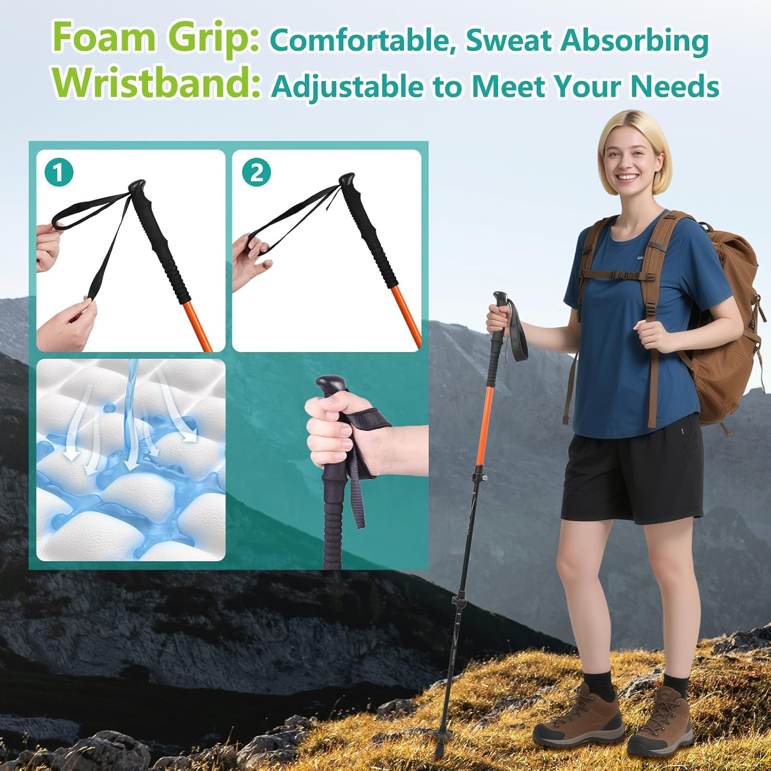 Trekking Poles, Retractable Walking Sticks, 7075 Aluminum Alloy Hiking Poles with Foam Grips and Quick Lock, Suitable for Hiking and Camping (1 Piece) image number 5