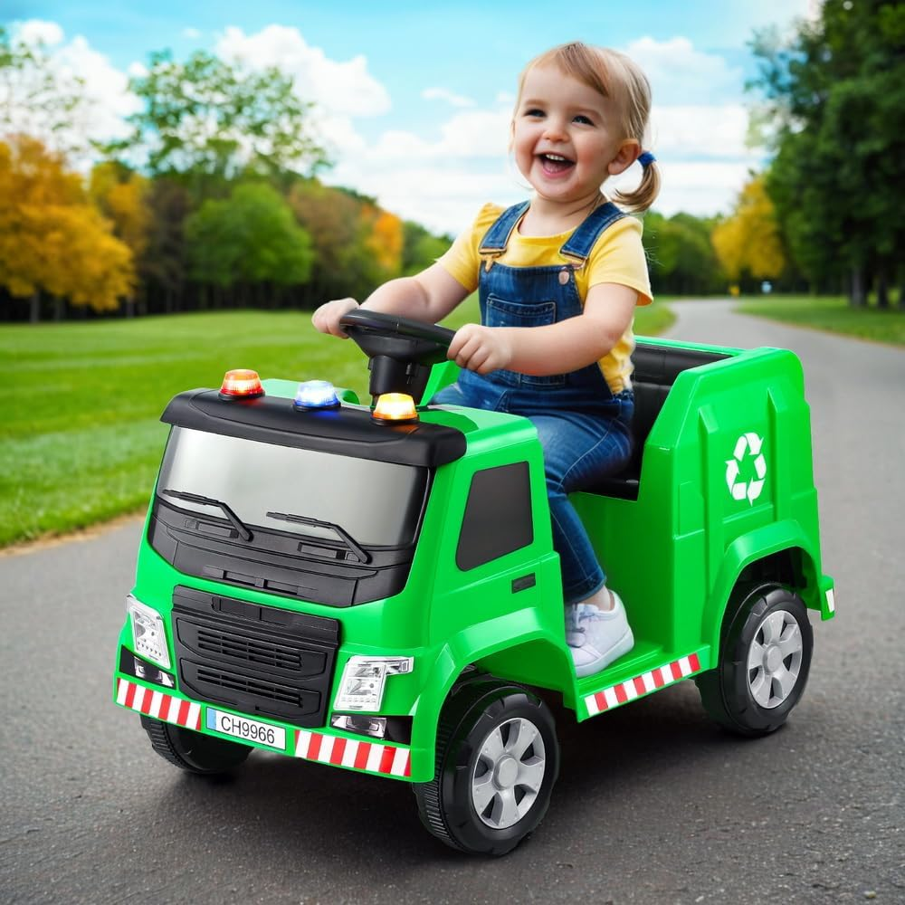 Rigo Kids Ride on Car Garbage Truck Police Light 12V Electric Toys Cars Green