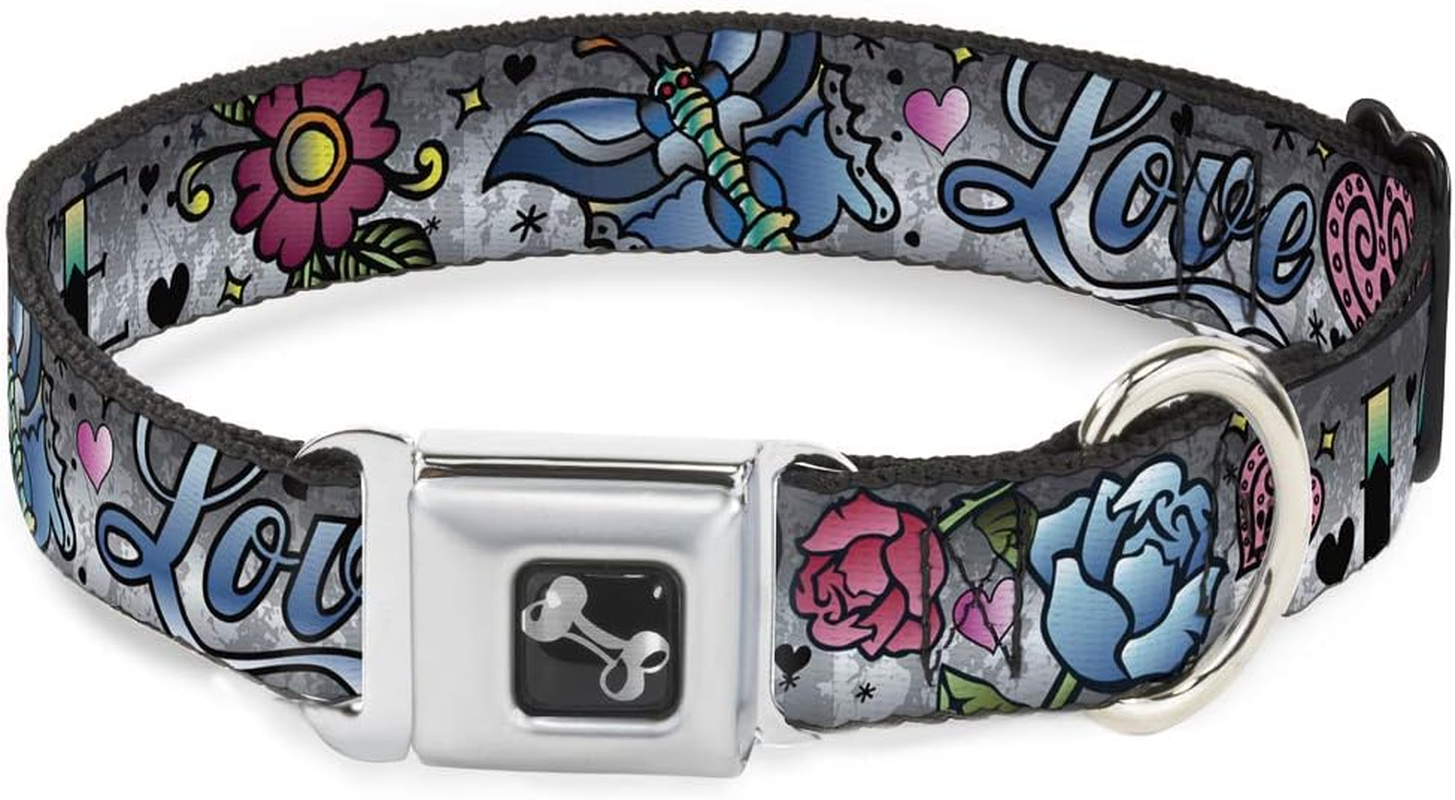 Buckle-Down Seatbelt Buckle Dog Collar - Love Love Purple - 1.5" Wide - Fits 18-32" Neck - Large