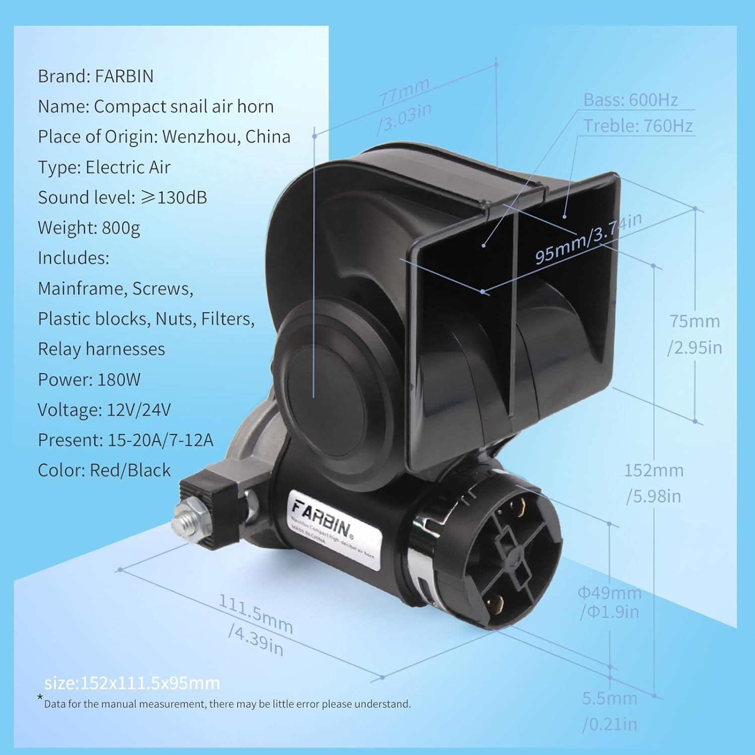 FARBIN Air Horn for Truck,Compact Electric Train Horn,Car Horn 12V 150Db Super Loud with Wiring Harness,For Any 12V Vehicles (Black Horn with Wiring Harness, 12V) image number 2