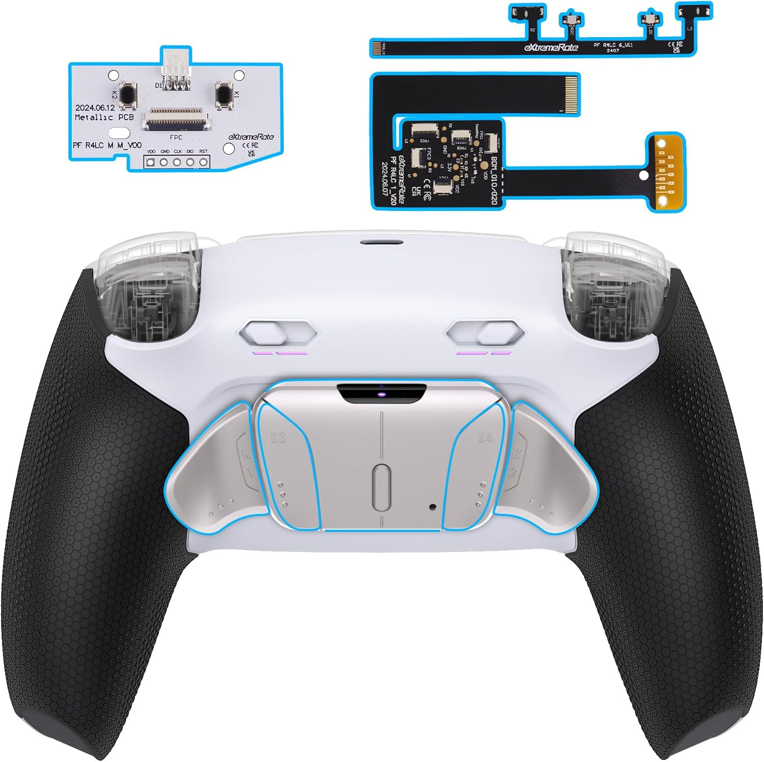 Extremerate RISE4 plus MAX RMB Back Paddles Kit with Clicky Trigger Stops & Rubberized Grip for PS5 Controller BDM-010 020, Remappable Real Metal Back Buttons Kit for PS5 Controller &ndash; White Gray