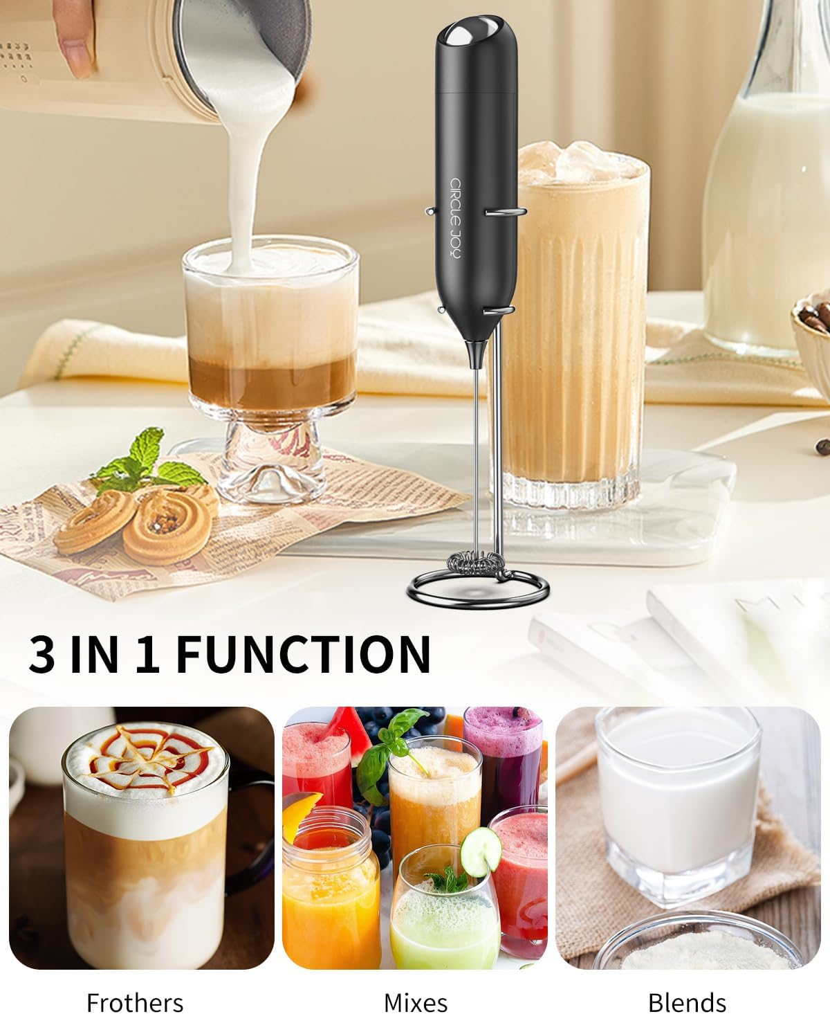 CIRCLE JOY Milk Frother Handheld with Stand Battery Operated Milk Foamer Electric Mini Drink Mixer for Coffee, Cappuccino, Lattes, Frappe, Matcha and Hot Chocolate, Black image number 5