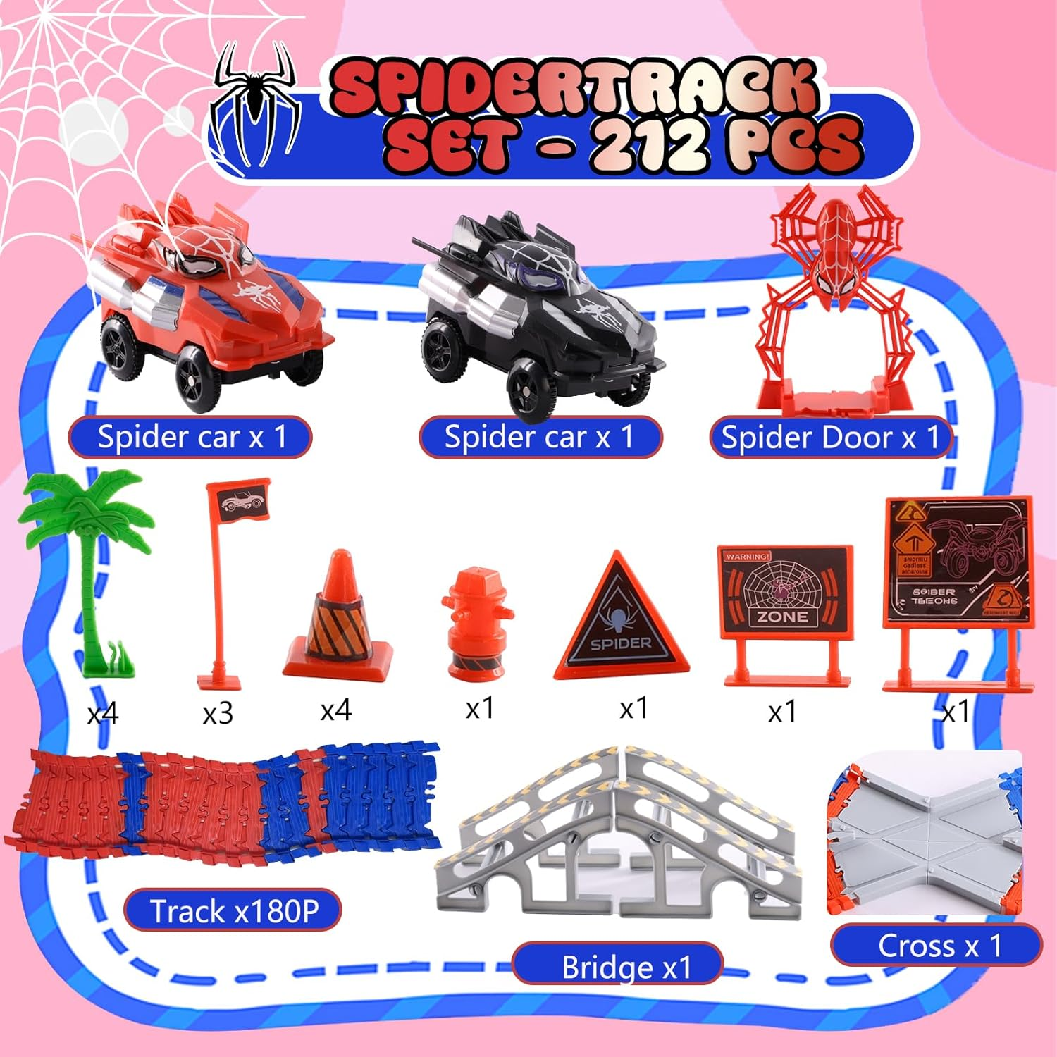 DIY Spider Track Toys 212 Pcs &ndash; Includes 2 Spider Race Cars, Bendable & Flexible Racetrack for Boys and Girls Ages 3 4 5 6 7 9, Creative Building Toy Set, Perfect Spider Gifts & Presents for Kids