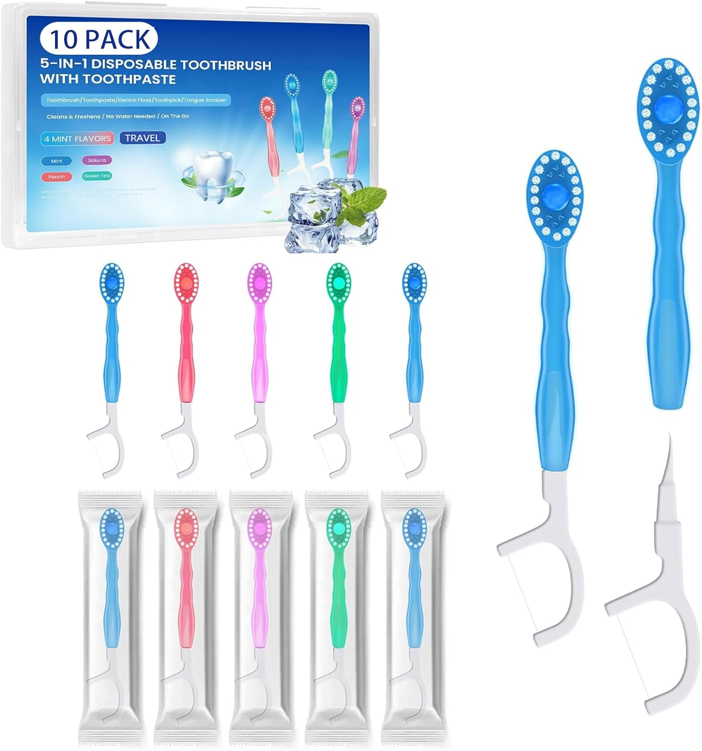 On-The-Go Disposable Toothbrush with Toothpaste - Mini Travel Toothbrush, 5 in 1 Pre-Pasted Toothbrushes with Floss + Pick + Tongue Scraper, Individually Packed Travel Essentials - 26 Count (4 Flavor) image number 6