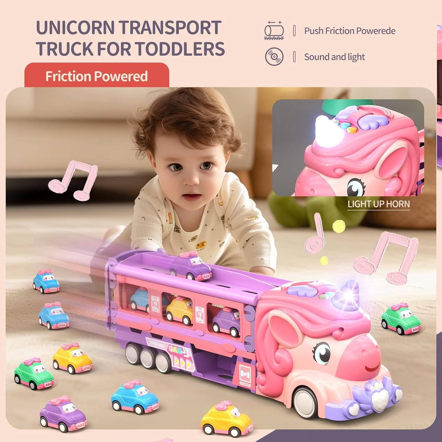 Unicorn Car Toys for 2 3 4 5 6 7 Year Old Toddler Girl, Unicorn Toys Truck & Foldable Race Track W/Light & Sound, Friction Power Toy Cars W/ 9 Princess Cars, Birthday Presents Kids Girls Age 4-6 image number 6